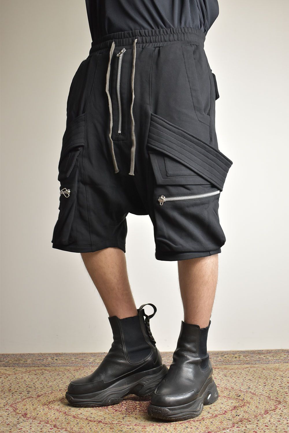 Belt Cargo Sweat Sarouel Shorts"Black" / ベルトカーゴスウェットサルエルショーツ"ブラック"