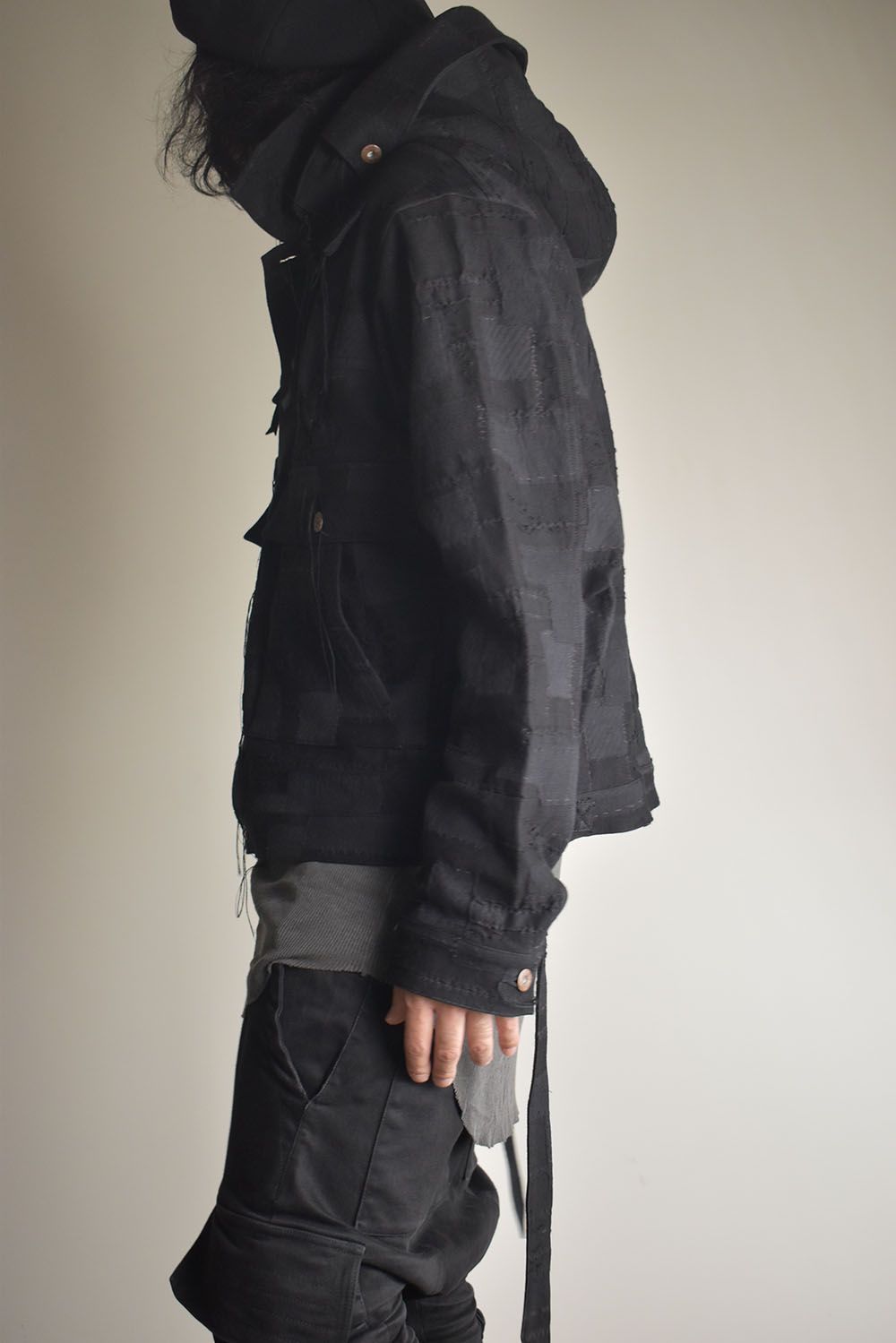 Crust Patchwork Jacquard Hood Attached Jacket "Black" / クラストパッチワークジャガードフードアタッチドジャケット"ブラック"