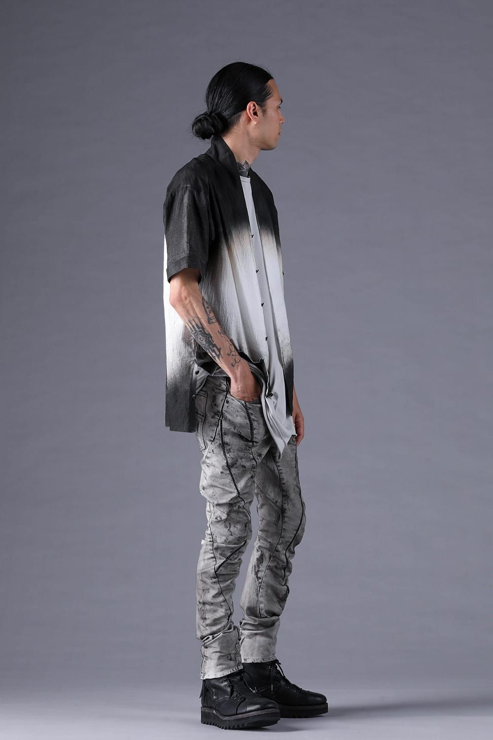 《2027SS先行予約分》Washer Loan Gradation Shawl-Collar S/S Shirt"Black" / ワッシャーローングラデーションショールカラーショートスリーブシャツ"ブラック"
