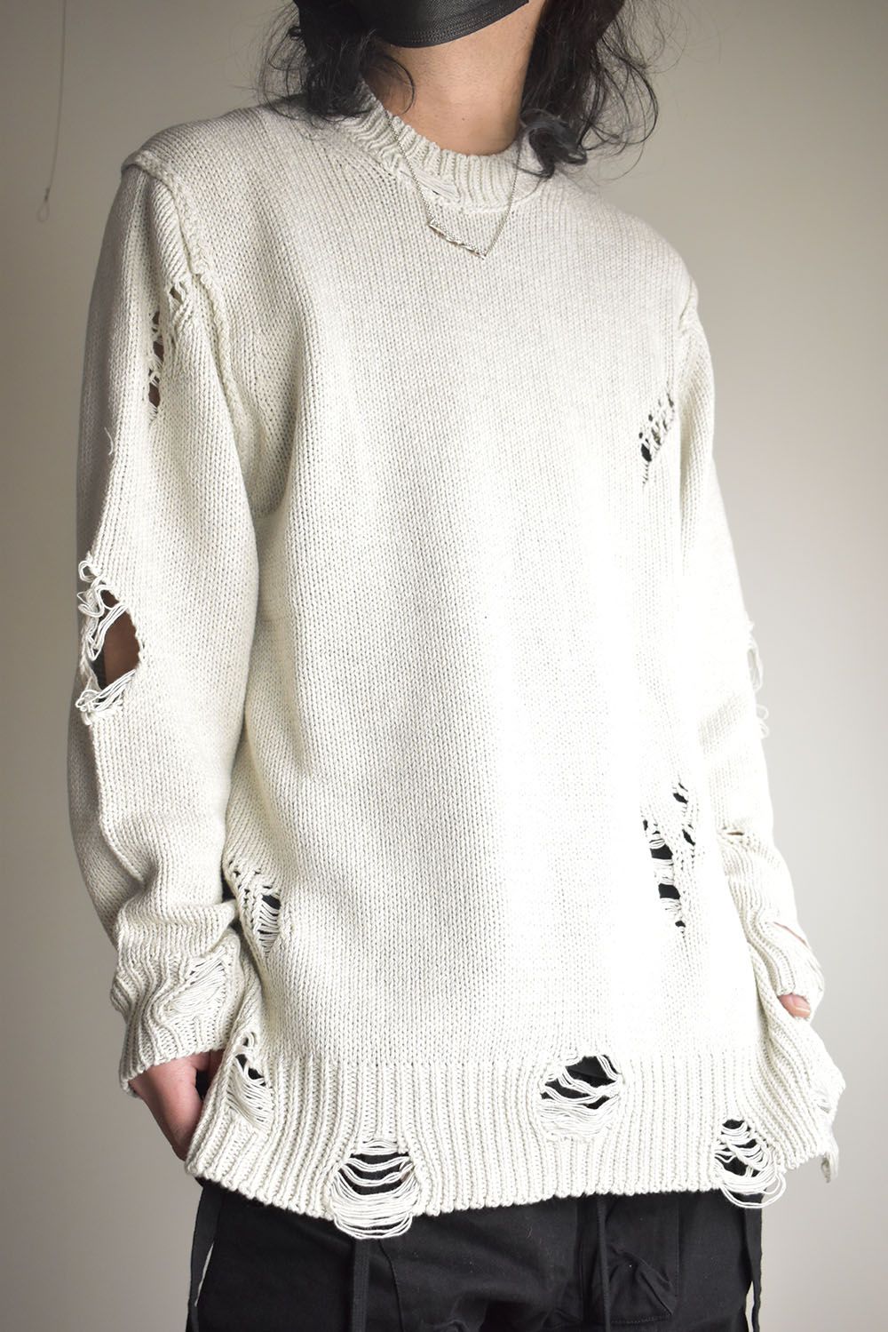 Cotton 3GG Damaged Knit Pullover"Light Grey" / コットン 3GG ダメージニットプルオーバー"ライトグレー"