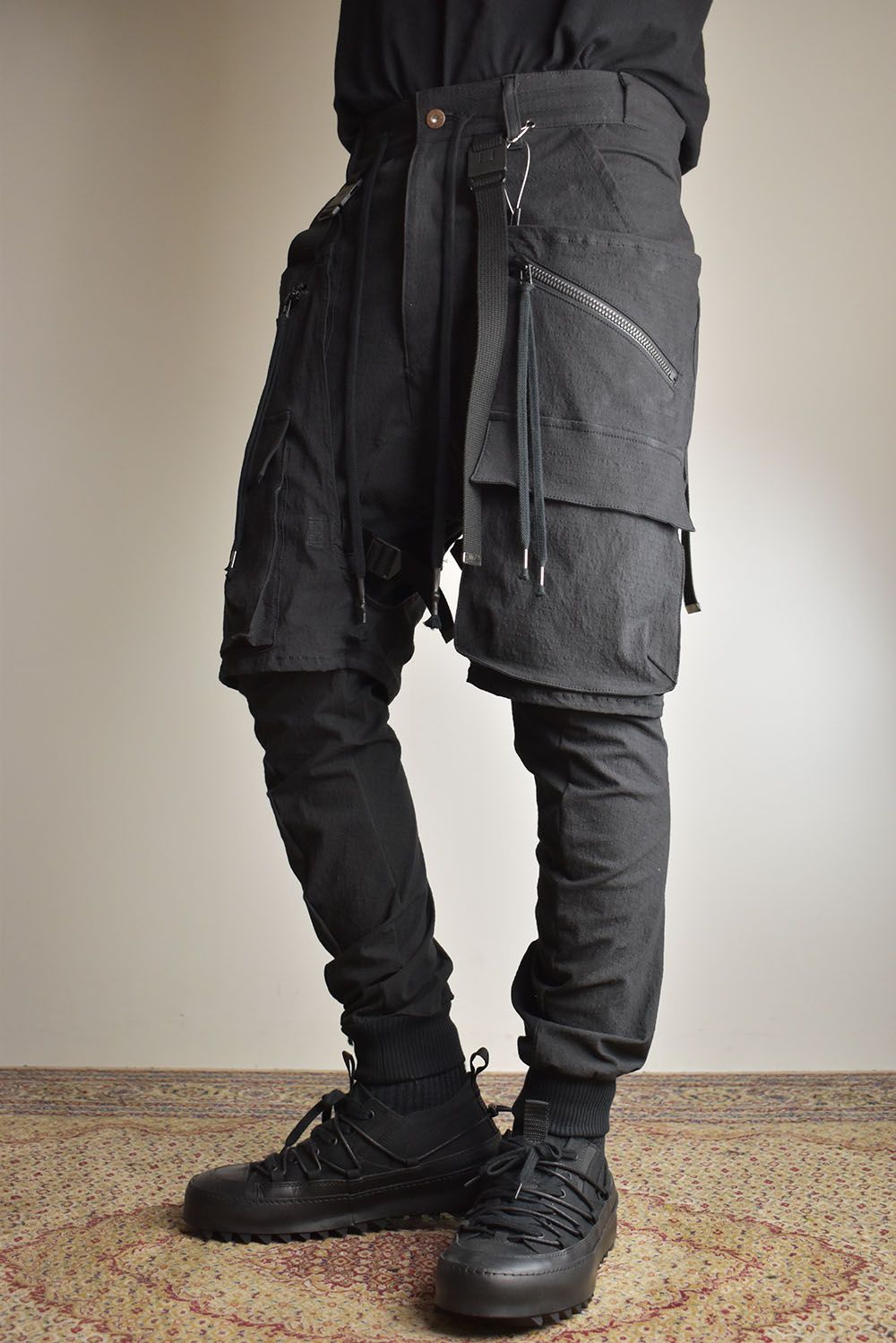 Ripstop Detachable Shorts Layered Cargo Jog Pants"Black" / リップストップデタッチャブルショーツレイヤードカーゴジョグパンツ"ブラック"