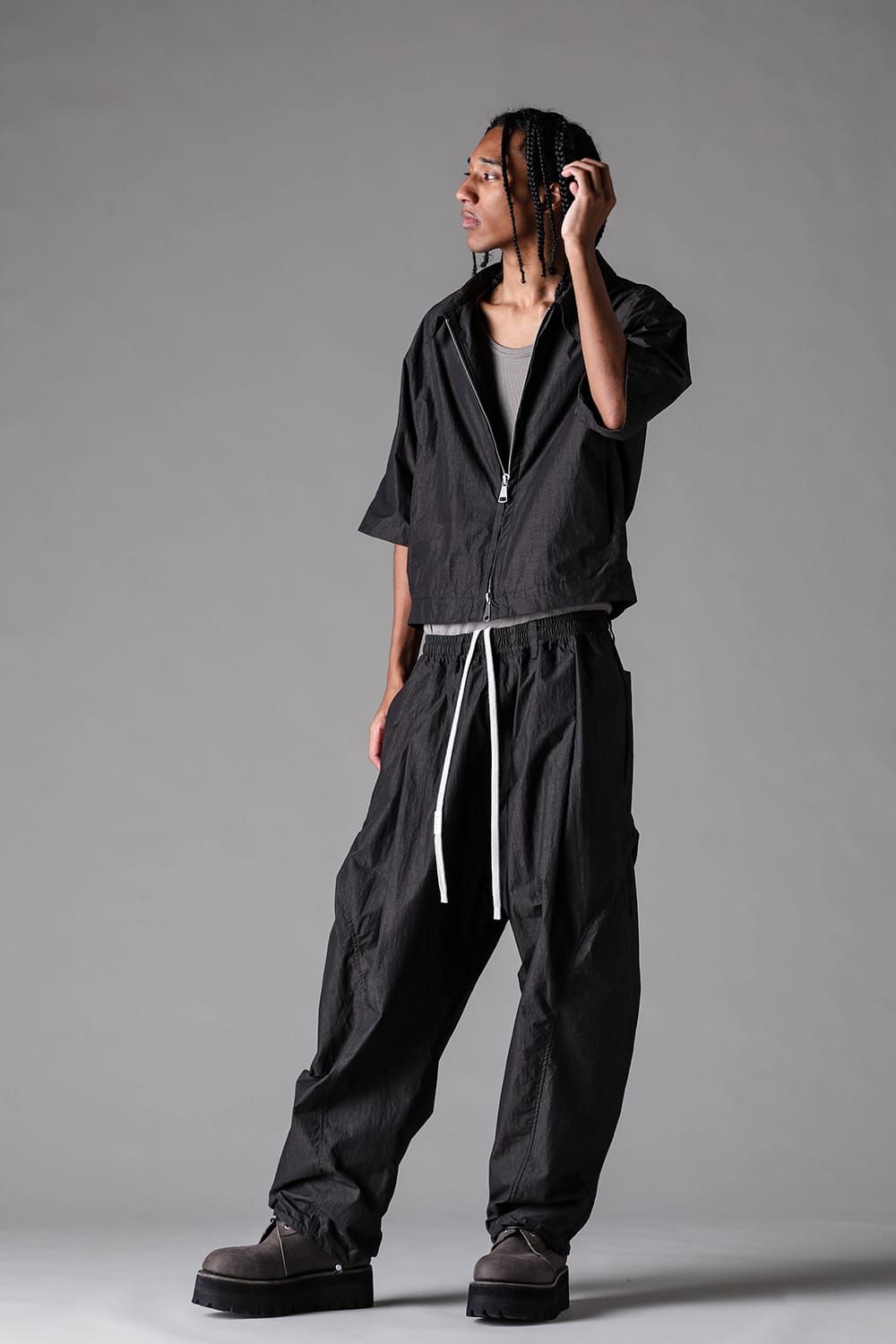 《2027SS先行予約》Cotton Nylon Zip Half Sleeve Shirts"Black" / コットンナイロンジップハーフスリーブシャツブラック"