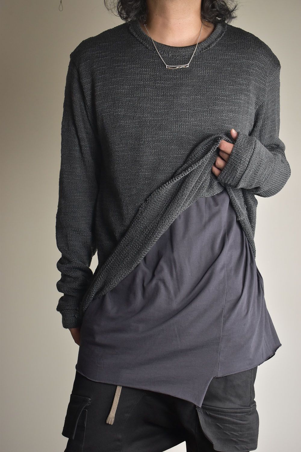 Low-Gauge knit × Cotton Jersey Layered Tee "Charcoal" / ローゲージニット×コットンジャージレイヤードTシャツ"チャコール"