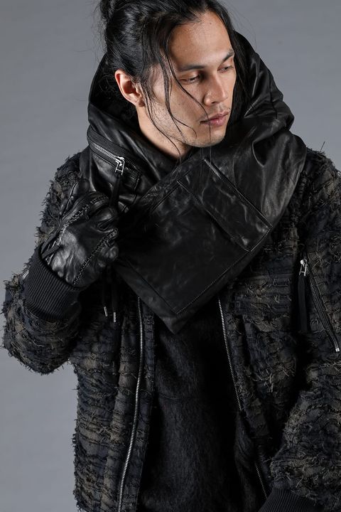 Horse Leather Down Hooded Scarf “Black" / ホースレザーダウンフードマフラー"ブラック"