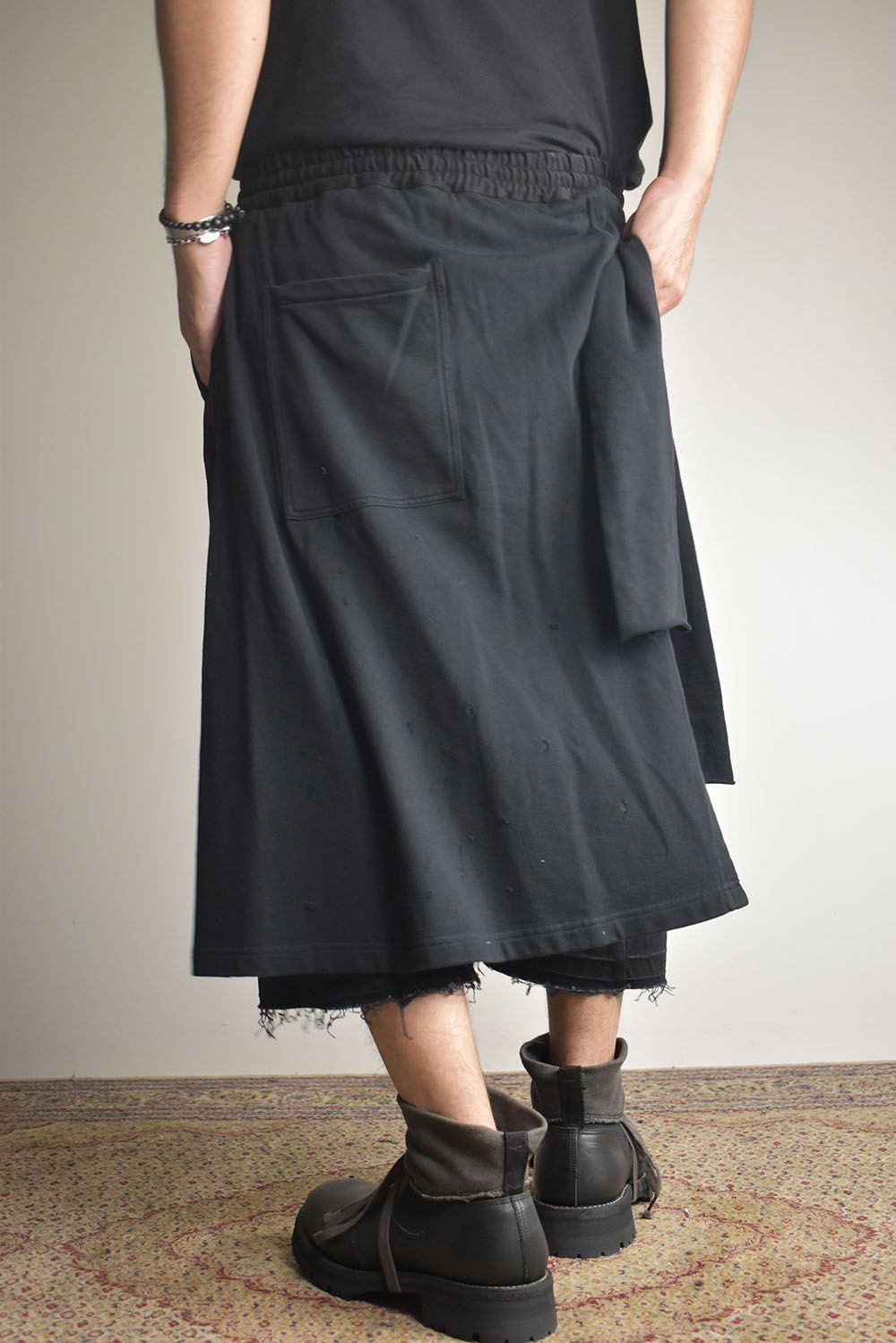 Stretch Denim Distressed Apron Wide Cropped Pants "Black" / ストレッチデニムダメージエプロンワイドクロップドパンツ"ブラック"