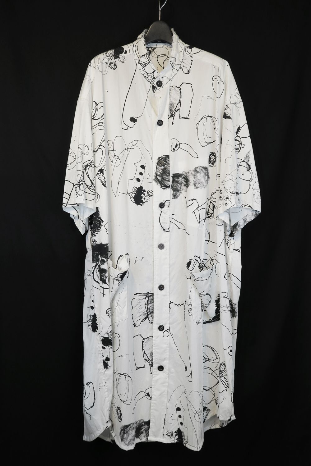 Cotton Twill Ink Jet Short-Sleeved Big Shirt&Dress"White Black" / コットンツイルインクジェット半袖ビッグシャツ / ワンピース"ホワイト ブラック"