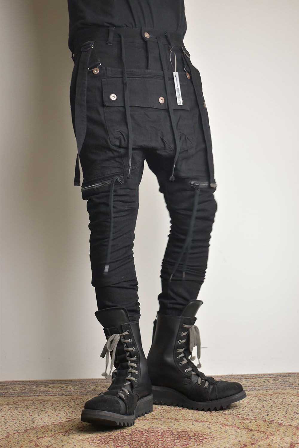 Stretch Denim Salopette Pocket Cargo Jogger Pants "Black" / ストレッチデニムサロペットポケットカーゴジョグパンツ"ブラック"