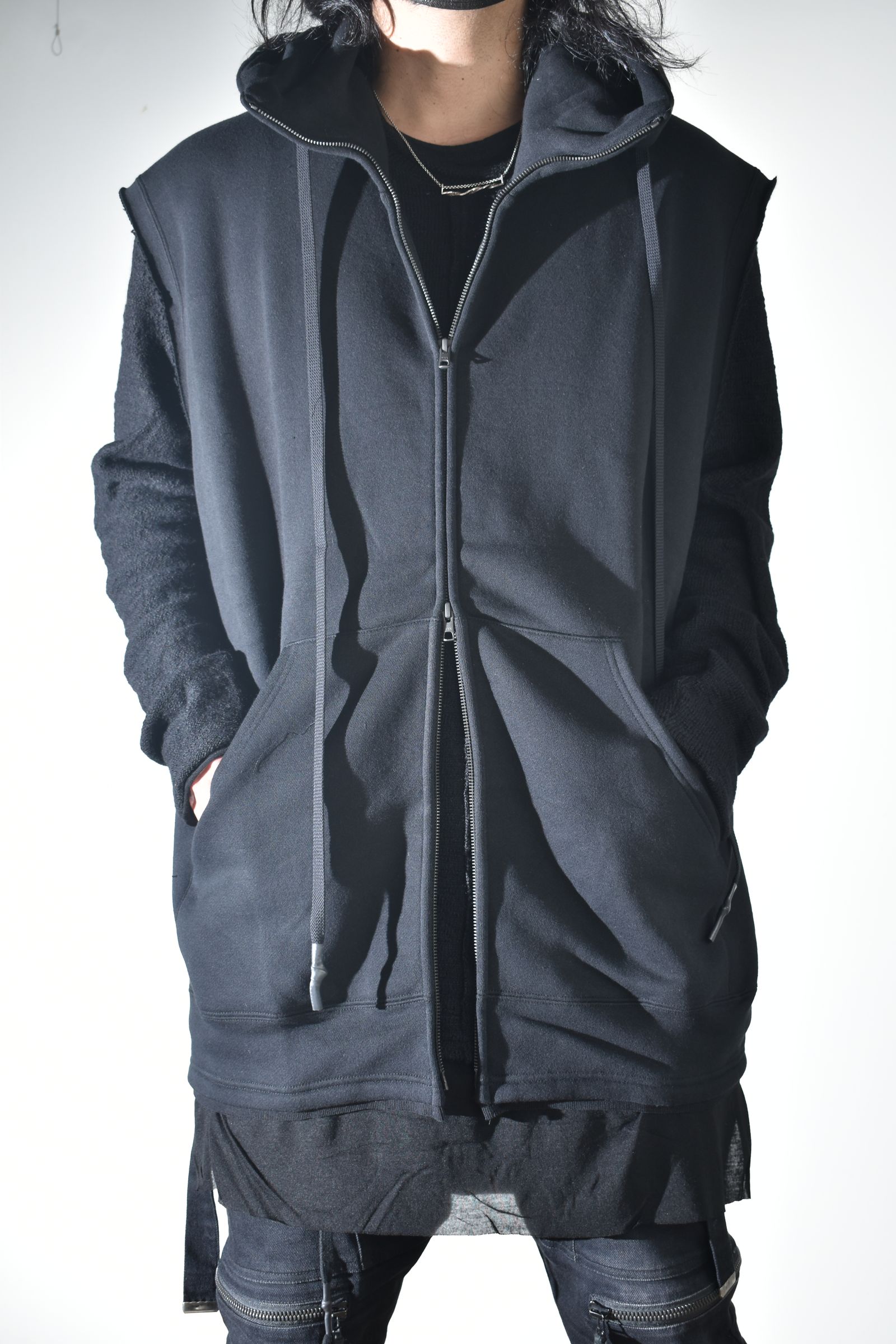 Over Size Sleeve Less Zip Up Parker"Black" / オーバーサイズスリーブレスジップアップパーカー"ブラック"