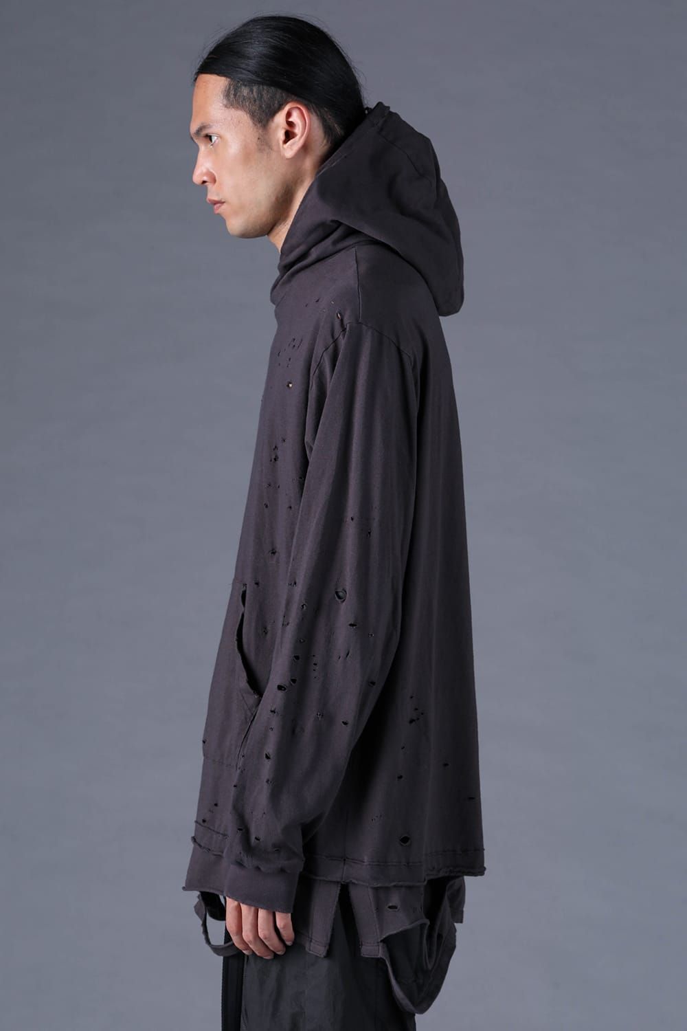 《2027SS先行予約分》Soft Cotton Jersey Shotgun-Damage Hoodie"Charcoal" / ソフトコットンジャージショットガンダメージフーディー"チャコール"