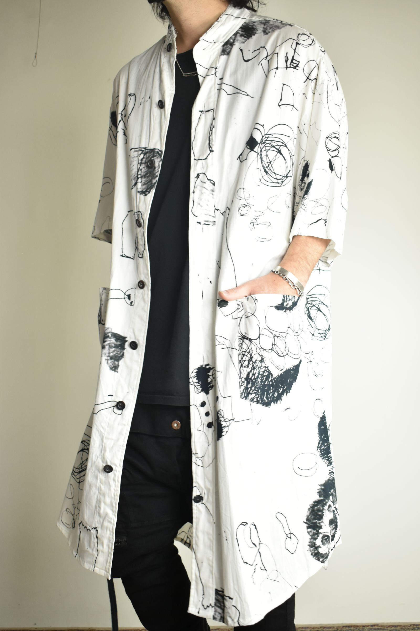 Cotton Twill Ink Jet Short-Sleeved Big Shirt&Dress"White Black" / コットンツイルインクジェット半袖ビッグシャツ / ワンピース"ホワイト ブラック"