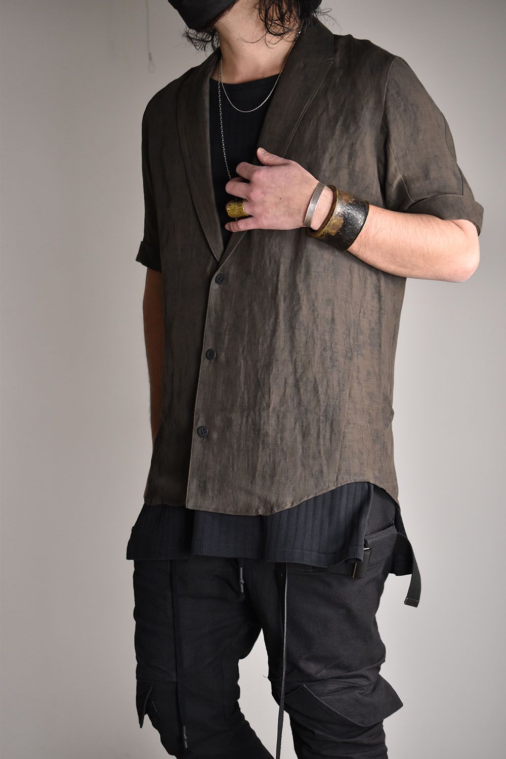 Linen×Rayon Tailor Shirts"Charcoal"/リネン×レーヨン塩縮染半袖テーラーシャツ"チャコール"