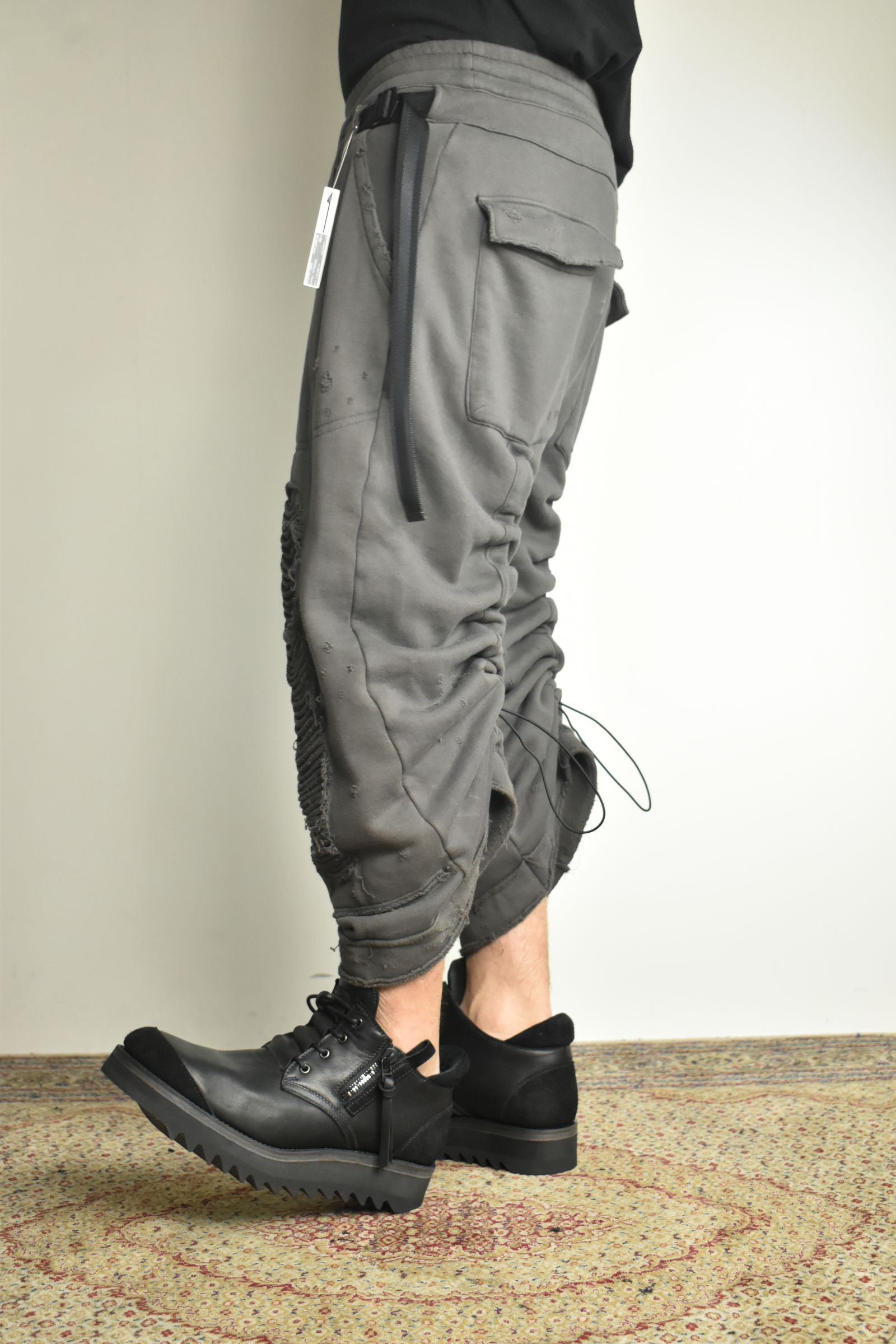 Untwisted Yarn Fleece Shotgun Wide Cropped Pants"Charcoal" / 無撚糸裏毛ショットガンワイドクロップドパンツ"チャコール"