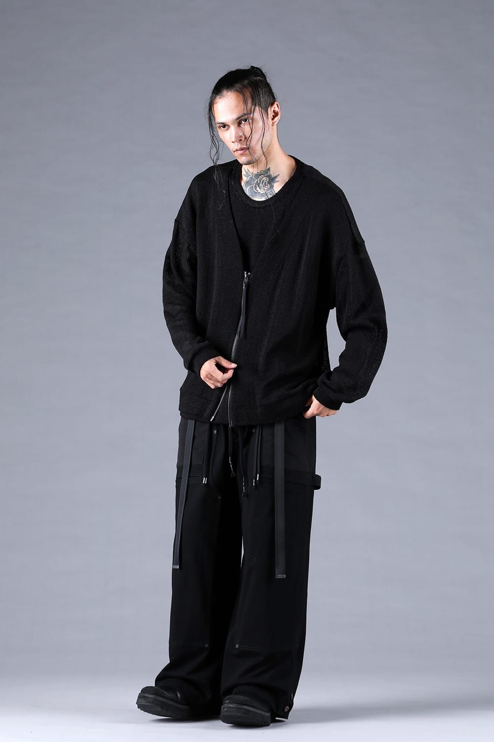 Cotton Low Gauge Knit Cardigan Layered Pullover"Black" / コットンローゲージニットカーディガンレイヤードプルオーバー"ブラック"