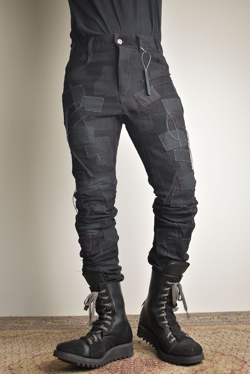 Hand Patchwork Crust Jacquard Overlock Twist Curve Pants "Black" / ハンドパッチワーククラストジャガードオーバーロックツイストカーブパンツ"ブラック"