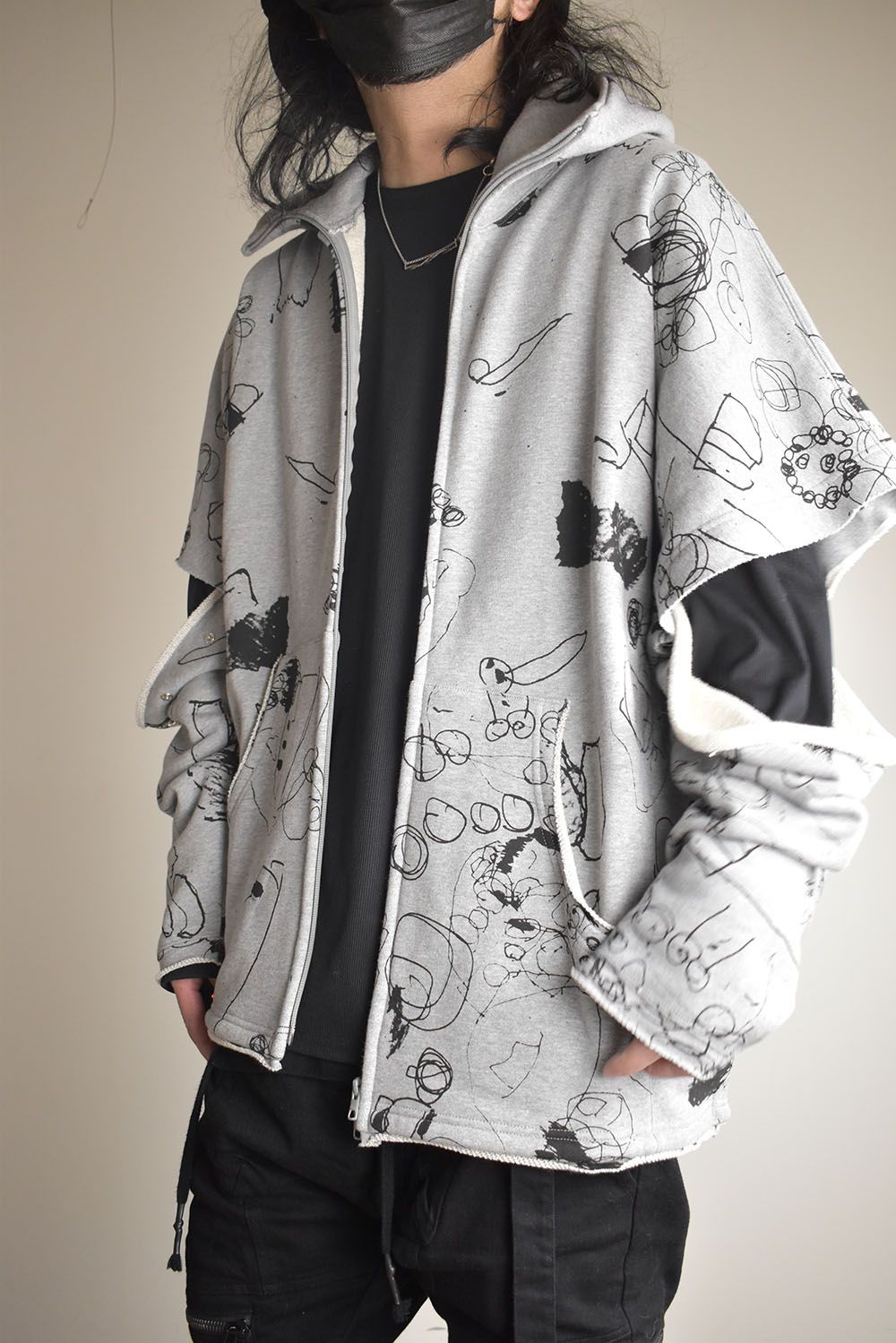 Sweat Oversize Print Zip Up Hoodie"Grey" / スウェットオーバーサイズプリントジップアップパーカ"グレー"