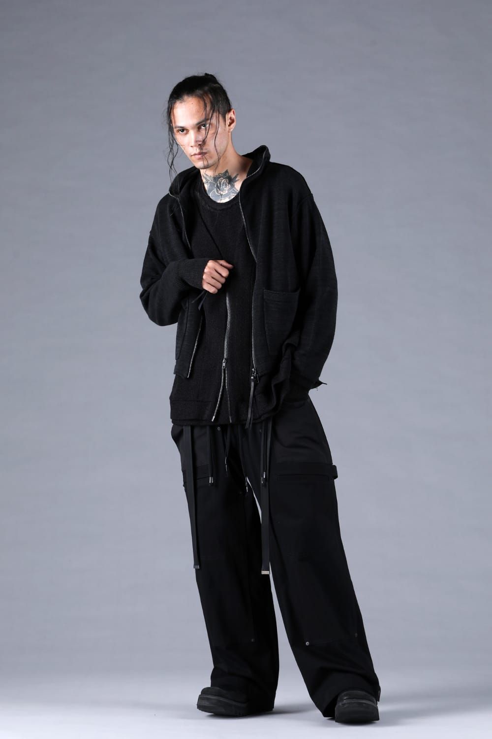 Cotton Low Gauge Knit Cardigan Layered Pullover"Black" / コットンローゲージニットカーディガンレイヤードプルオーバー"ブラック"