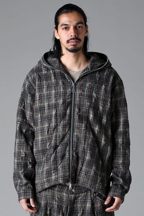 《2025AW先行予約》Needle Punch Plaid Fabric Zipper Hooded Blouson"Khaki / Red" / ニードルパンチプラッドジッパーフーデッドブルゾン"カーキ/レッド"