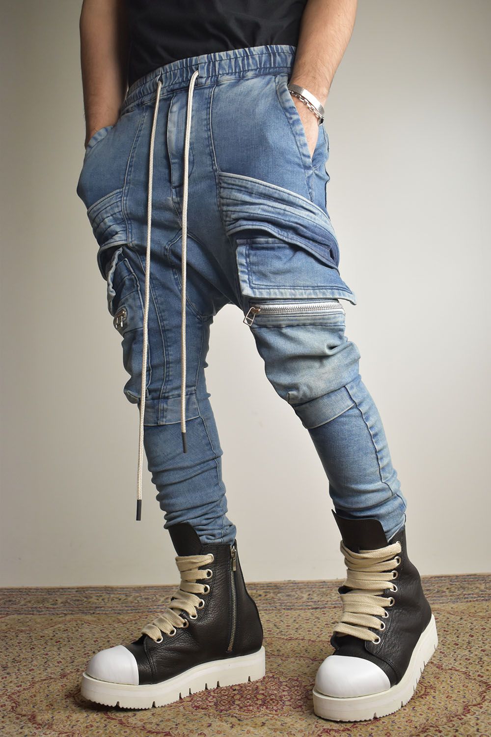 Denim Cargo Sarouel Skinny"Damage Black/Indigo Blue"/デニムカーゴサルエルスキニー"ダメージブラック/インディゴブルー"