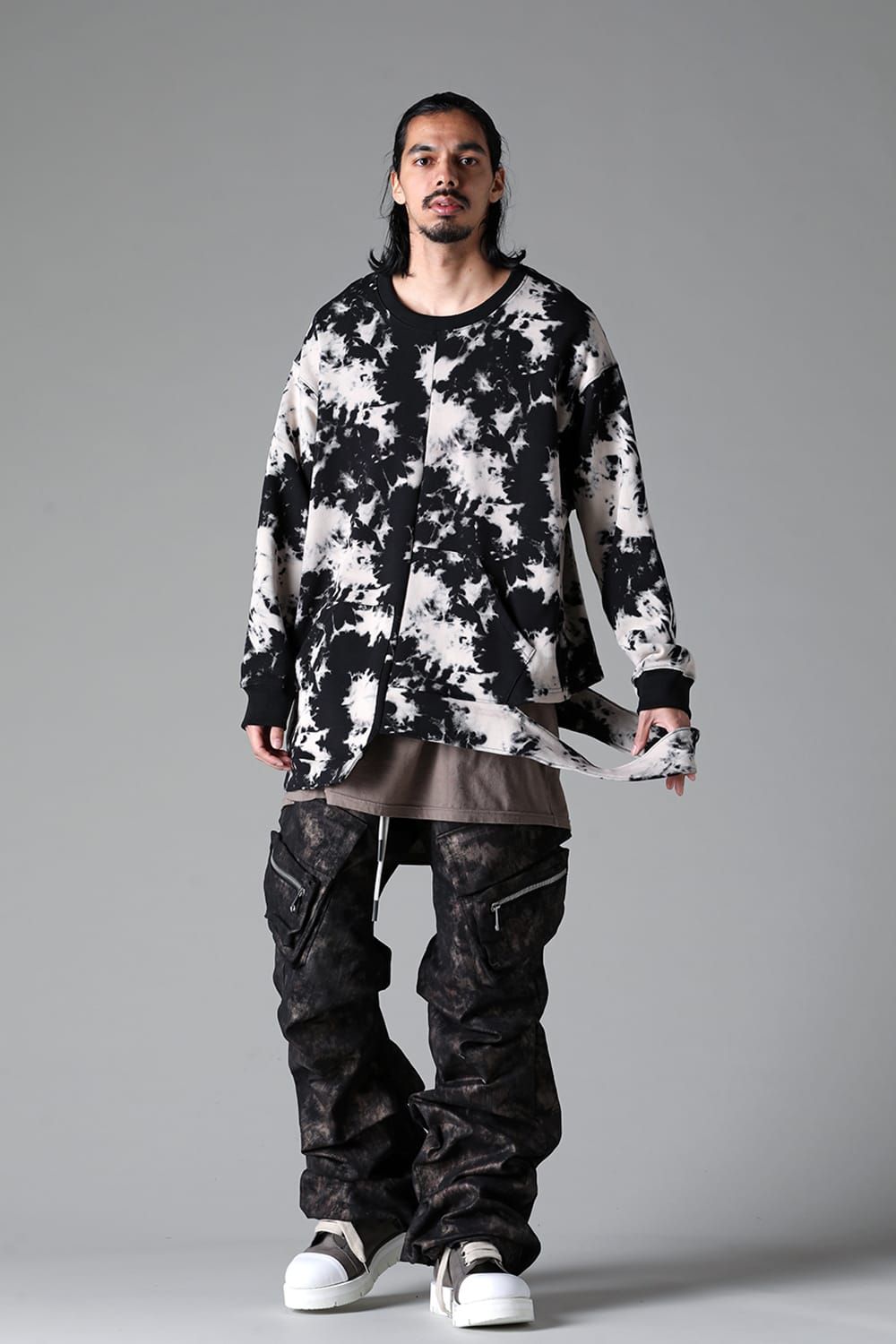 《2025AW先行予約》Discharge Pinting Asymmetry Crew Neck Top"Black×Ivory" /ディスチャージプリントアシンメトリークルーネックトップ"ブラック×アイボリー"