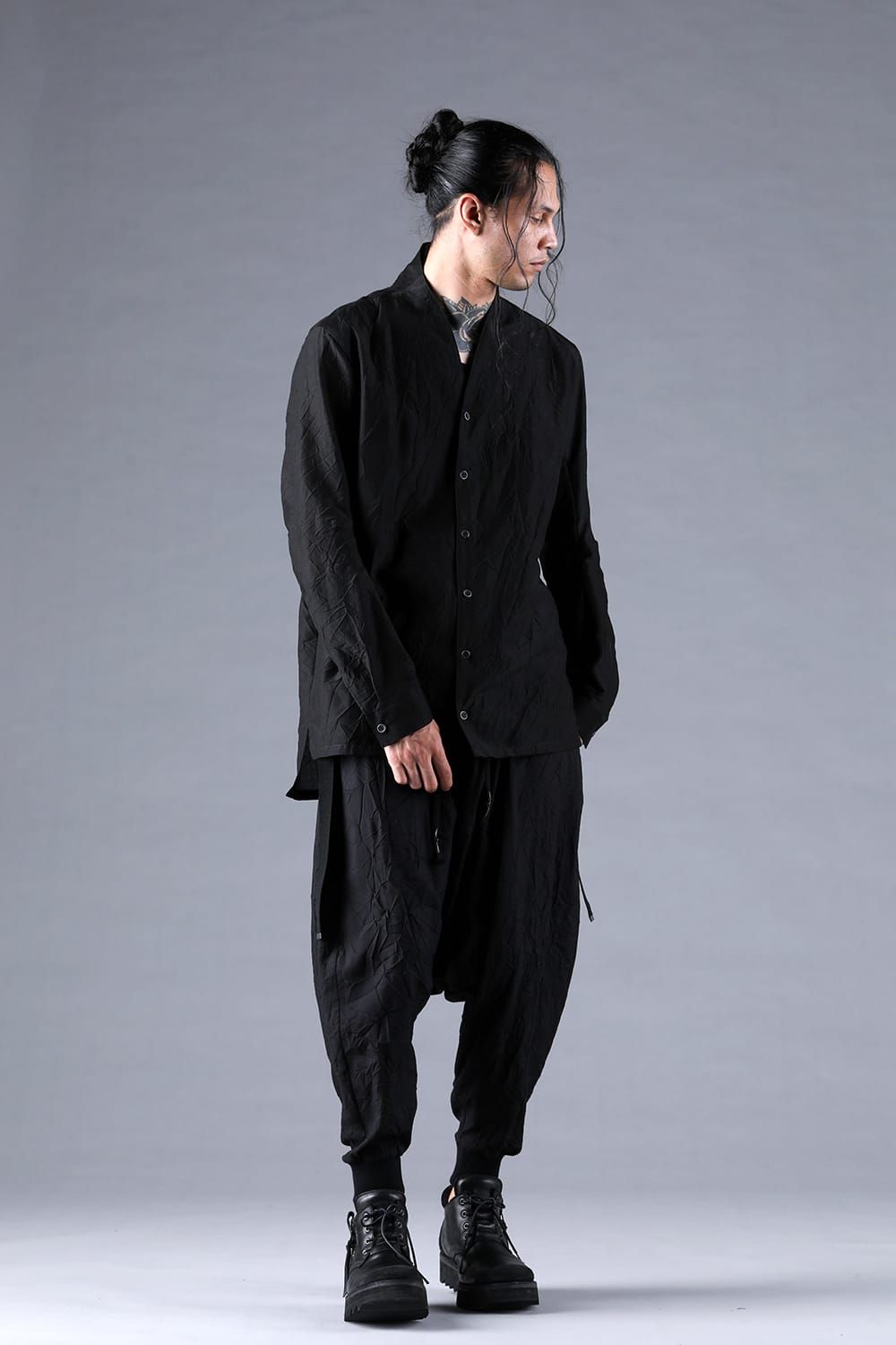 Silk Cotton Washer Shawl Collar Shirt"Black" / シルクコットンワッシャーショールカラーシャツ"ブラック"