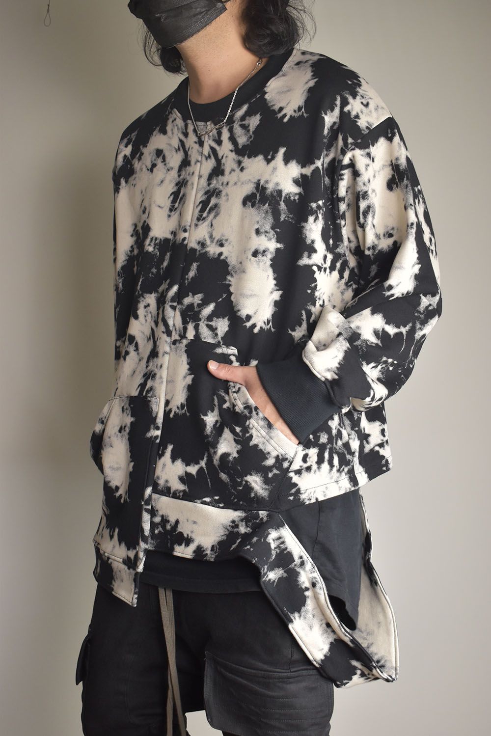 Discharge Pinting Asymmetry Crew Neck Top"Black×Ivory" /ディスチャージプリントアシンメトリークルーネックトップ"ブラック×アイボリー"