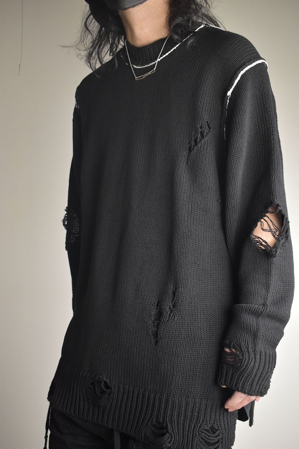 Cotton 3GG Damaged Knit Pullover"Black" / コットン 3GG ダメージニットプルオーバー"ブラック"