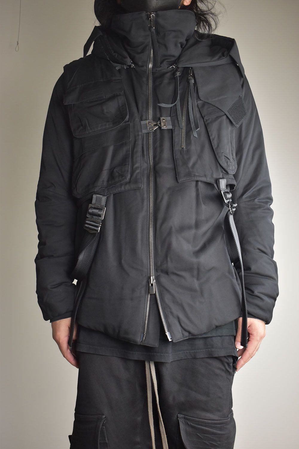 Rayon Twill Vest Hooded Down Jacket "Black" / レーヨンツイルベスト/フードアタッチドダウンジャケット"ブラック"