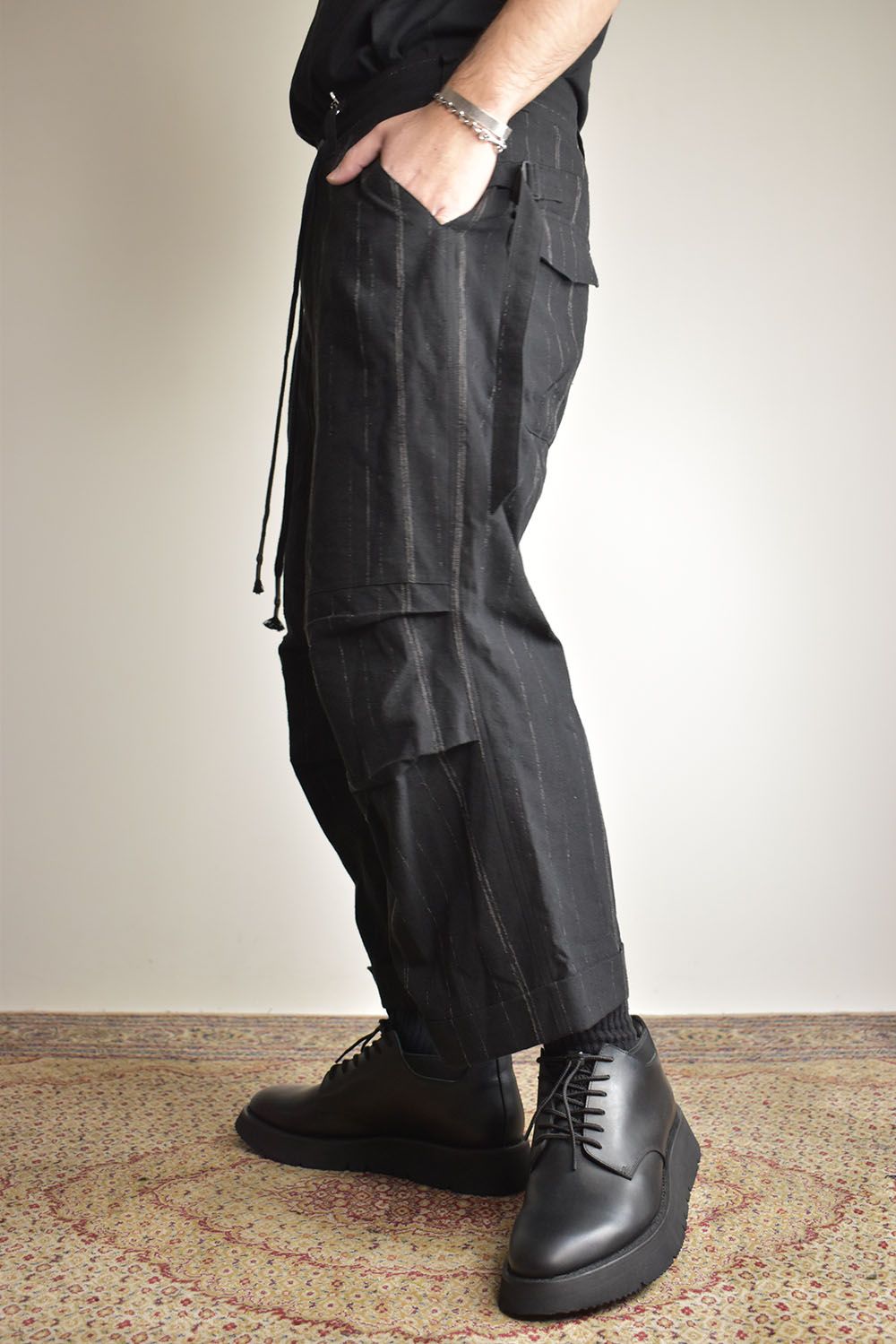 Faded Random Stripe Wide Cropped Pants"Black" / フェードランダムストライプワイドクロップドパンツ"ブラック"