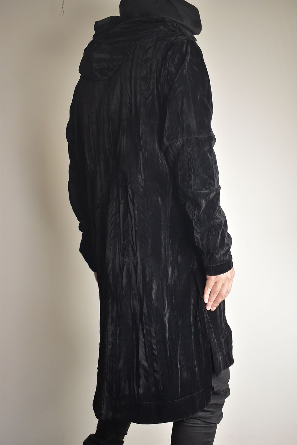 Washer Velour Hooded Long Jacket"Black" / ワッシャーベロアフーデッドロングジャケット"ブラック"
