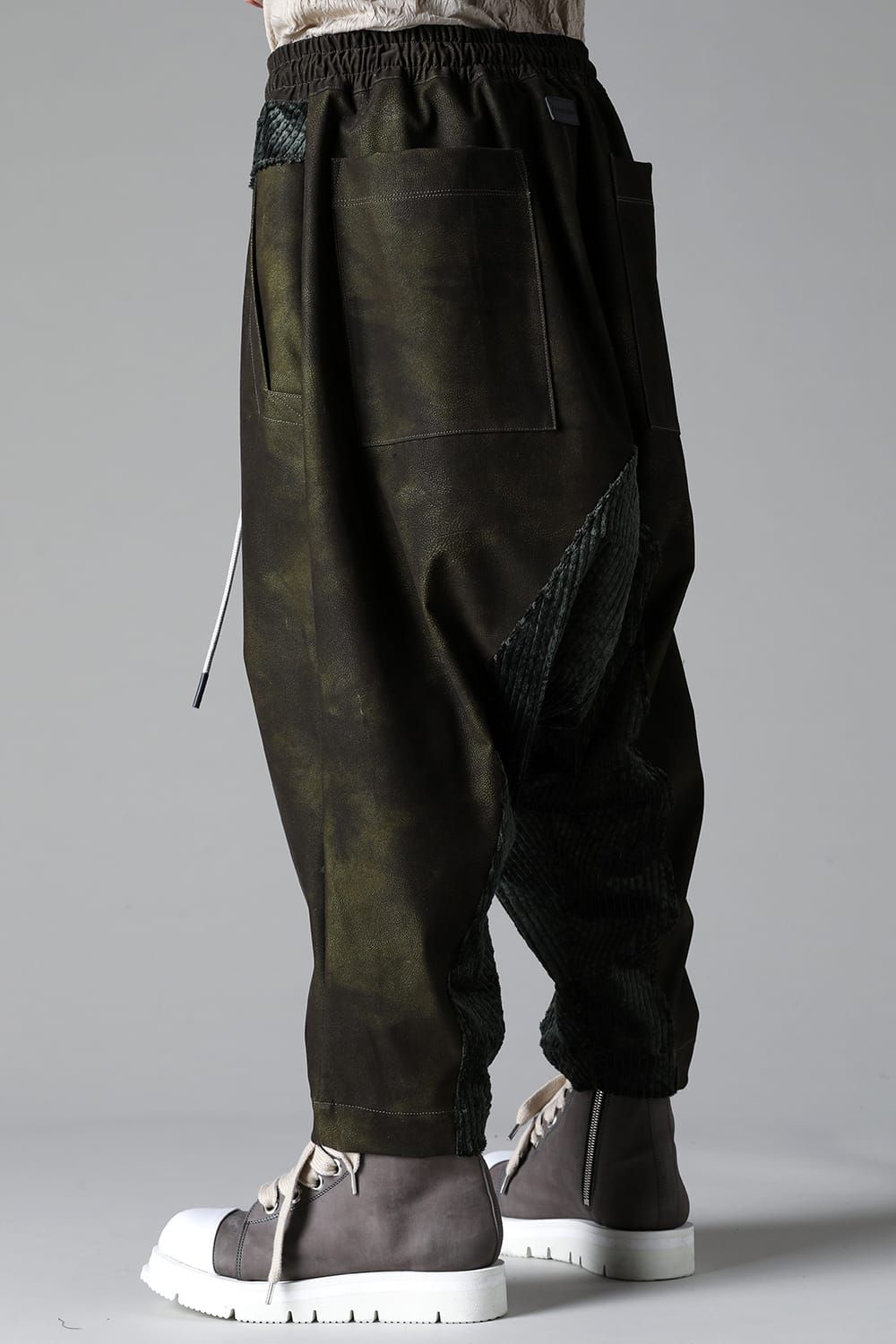 《2025AW先行予約》Synthetic Leather × Corduroy Switching Drop Clotch Pants"Black / Khaki" / シンセティックレザー×コーデュロイスウィッチングドロップクロッチパンツ"ブラック/カーキ"