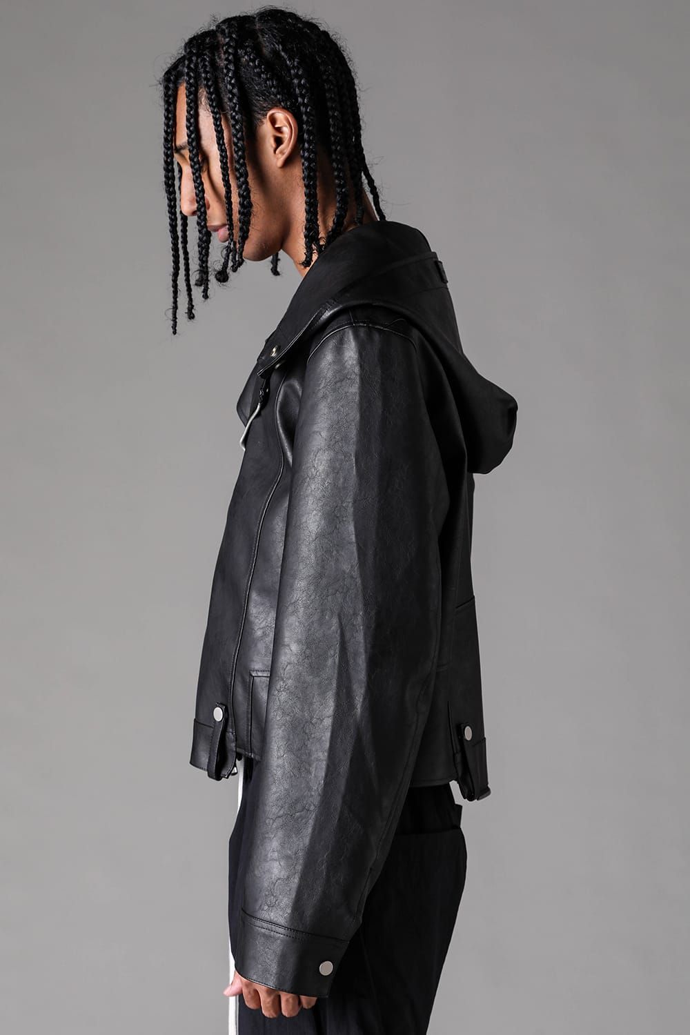 《2027SS先行予約》Vegan Leather Hoodei Double Riders "Black" / ヴィーガンレザーフーディダブルライダース"ブラック"