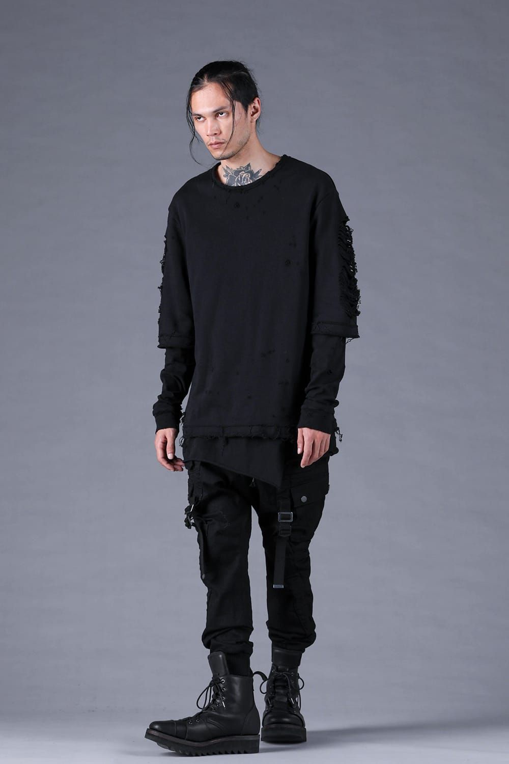 Sweat Shotgun Damage Layered Tee"Black" / 裏毛ショットガンダメージレイヤードTee"ブラック"