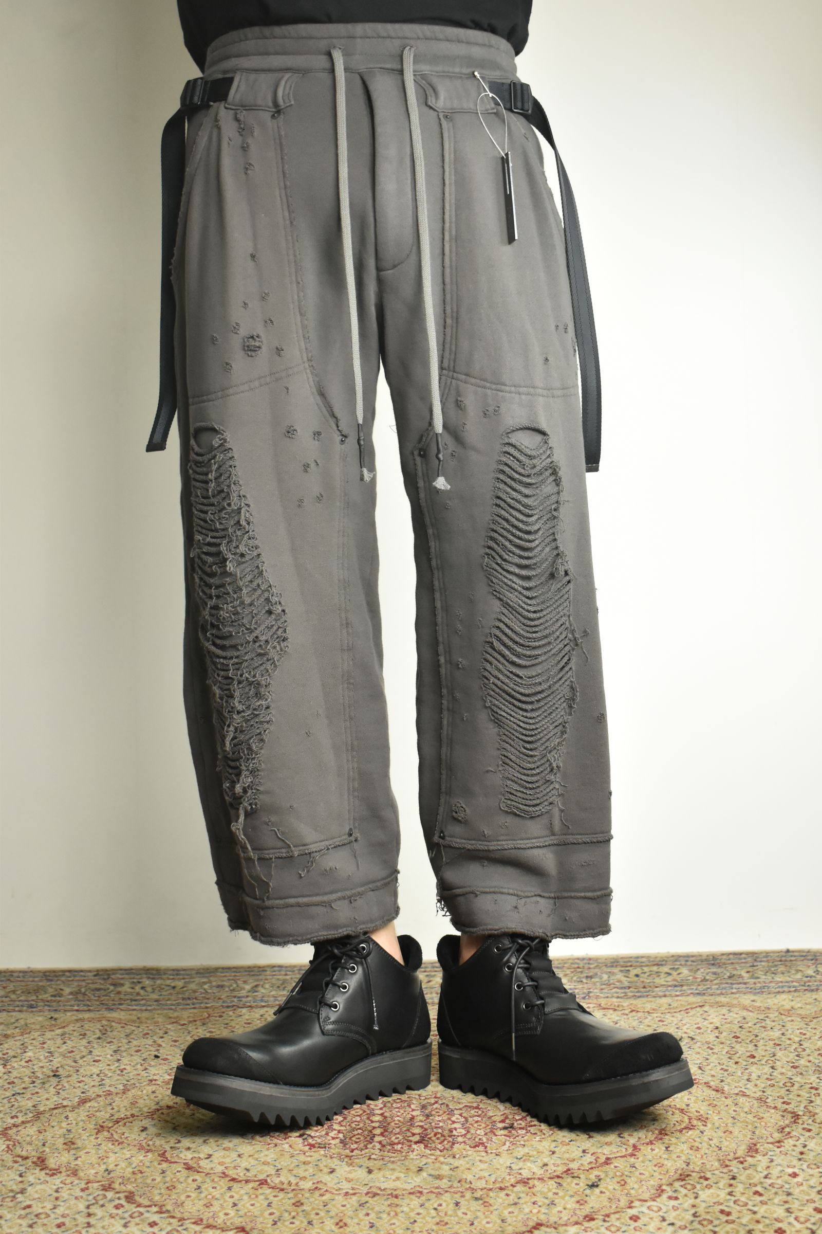 Untwisted Yarn Fleece Shotgun Wide Cropped Pants"Charcoal" / 無撚糸裏毛ショットガンワイドクロップドパンツ"チャコール"