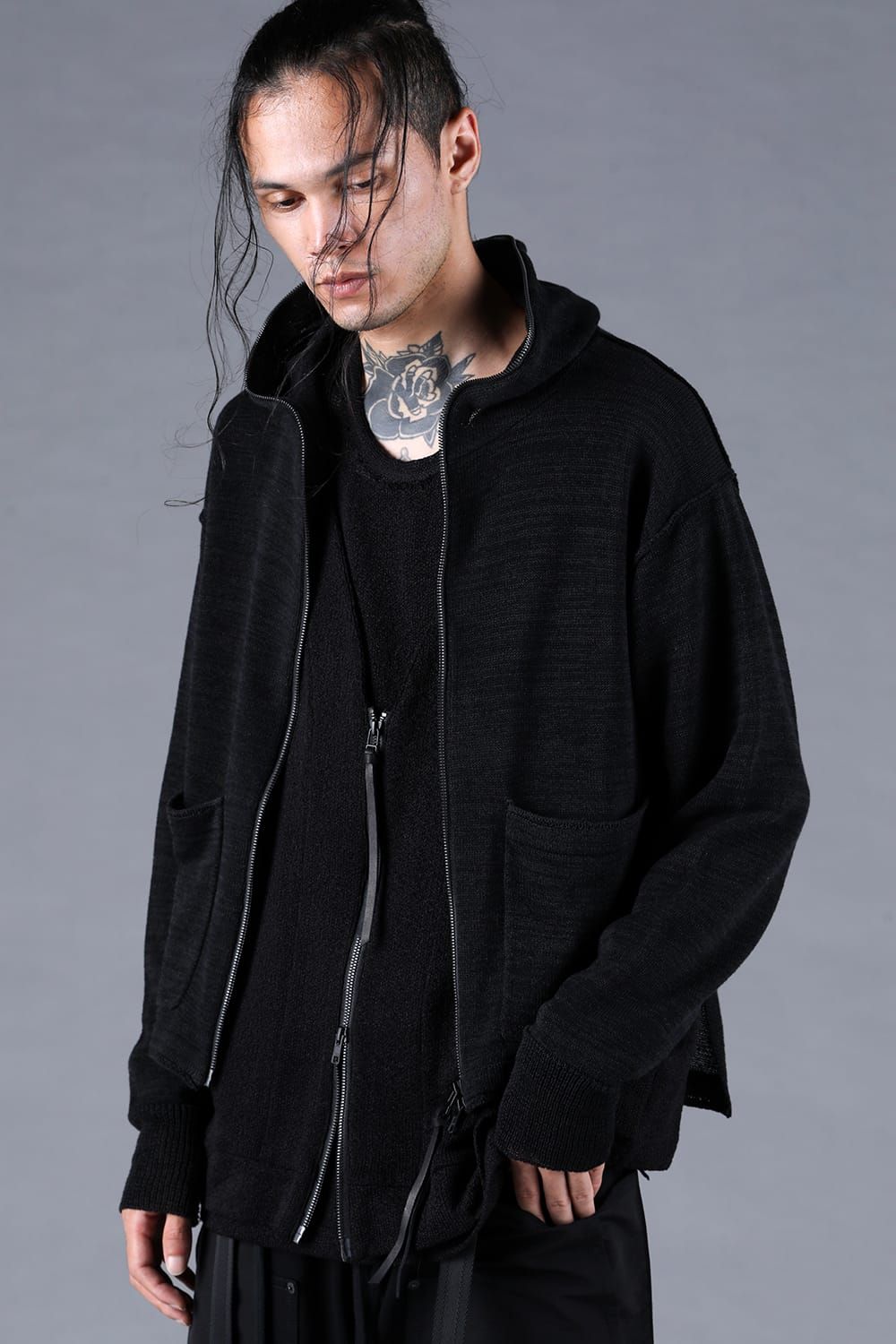 Cotton Low Gauge Knit Cardigan Layered Pullover"Black" / コットンローゲージニットカーディガンレイヤードプルオーバー"ブラック"
