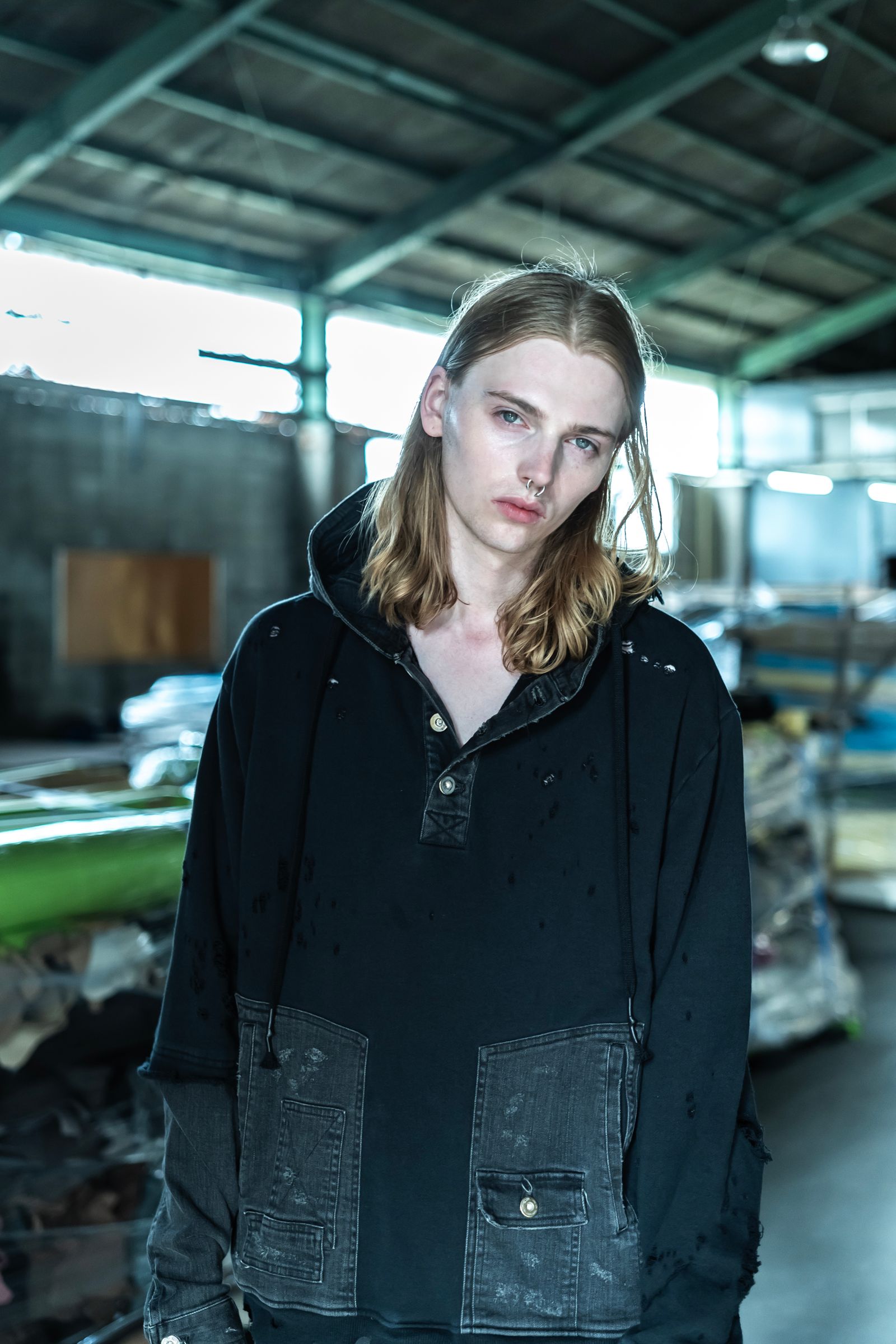 Denim Combination Non-Twisted Yarn Lined Oversized Pullover Hoodie"Black" / デニムコンビネーション無撚糸裏毛オーバーサイズプルオーバーフーディー"ブラック"