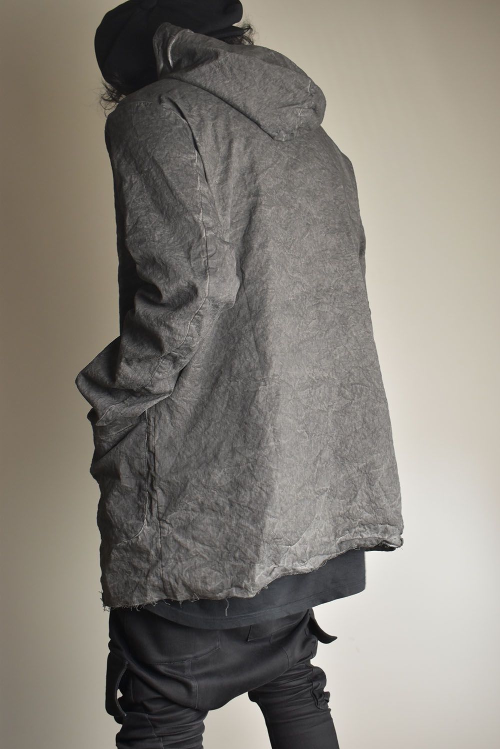 Hooded Off Centerd Closure Unlined Parka"Off Black" / フーデッドオフセンターパーカー"オフブラック"