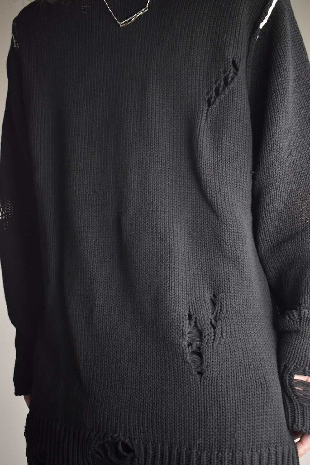 Cotton 3GG Damaged Knit Pullover"Black" / コットン 3GG ダメージニットプルオーバー"ブラック"