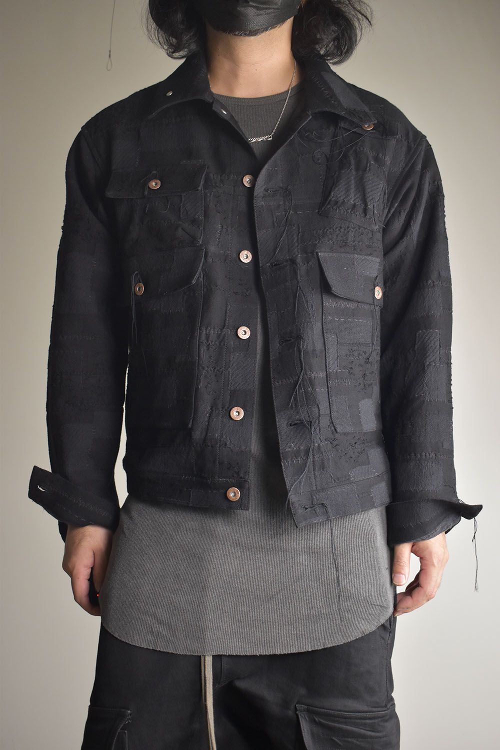 Crust Patchwork Jacquard Hood Attached Jacket "Black" / クラストパッチワークジャガードフードアタッチドジャケット"ブラック"