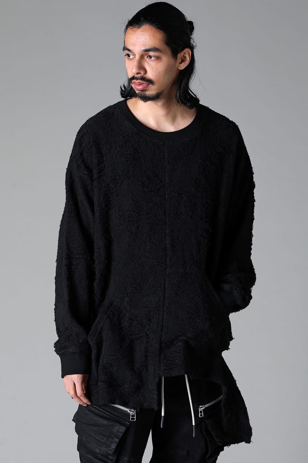 《2025AW先行予約》Damage Pile Arymmetry Crew Neck Top"Black" / ダメージパイル アシンメトリークルーネックトップ"ブラック"