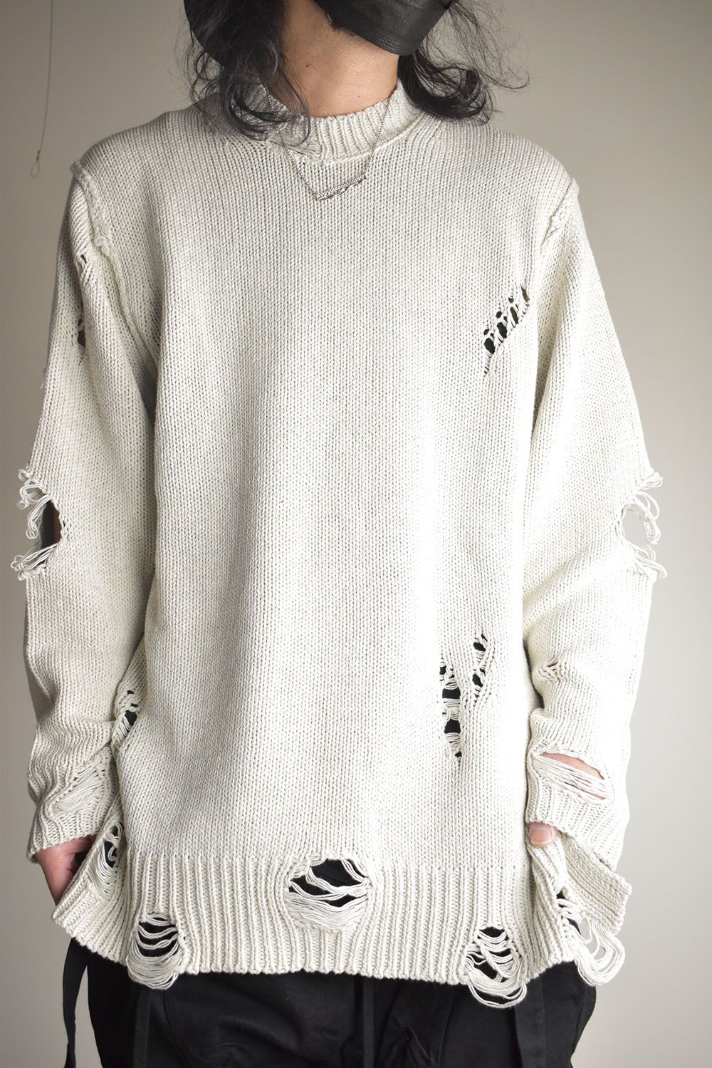 Cotton 3GG Damaged Knit Pullover"Light Grey" / コットン 3GG ダメージニットプルオーバー"ライトグレー"