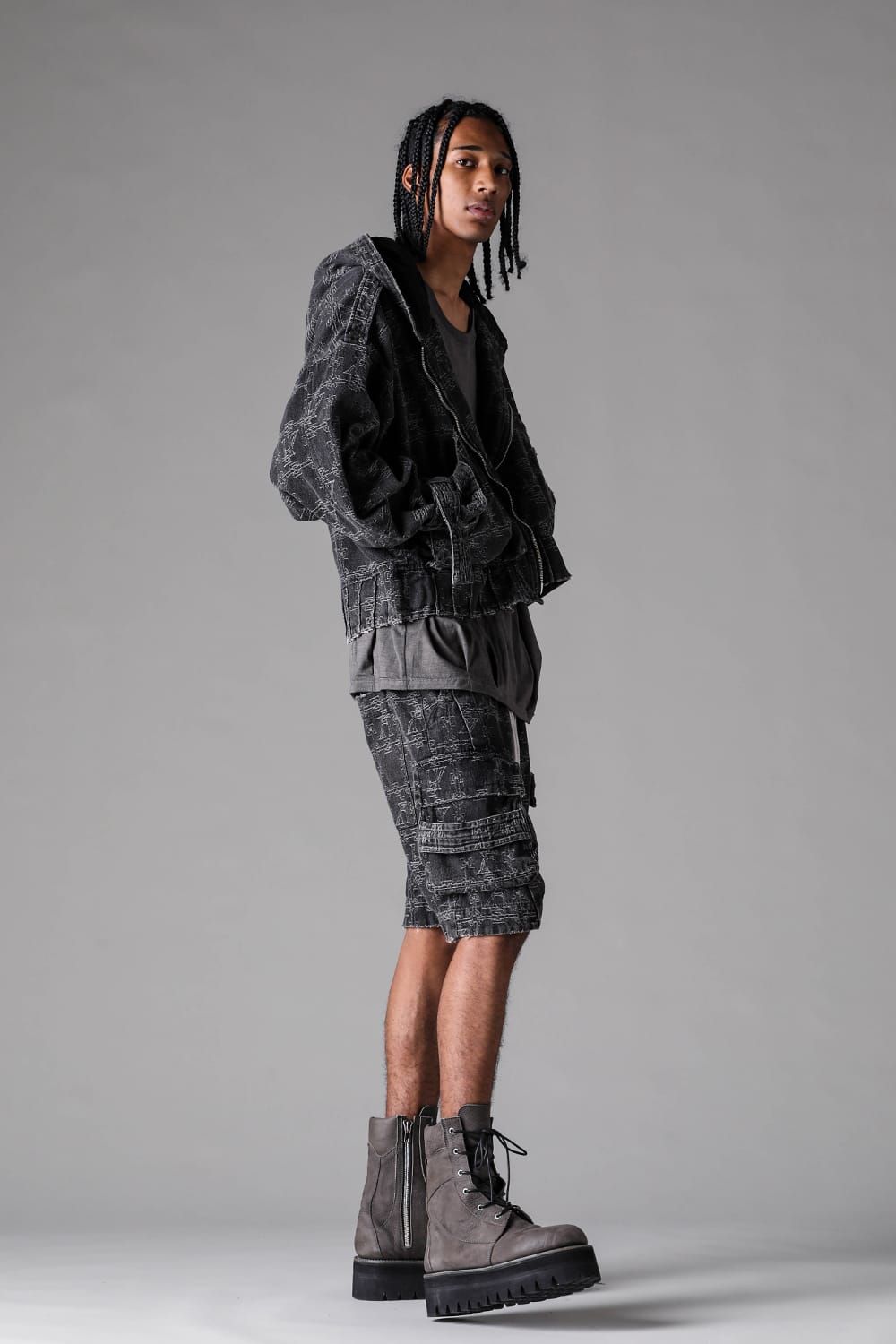 《2027SS先行予約》Jacgurd Denim Sarrouel Shorts "Black / Blue" / ジャガードデニムサルエルショーツ"ブラック/ブルー"
