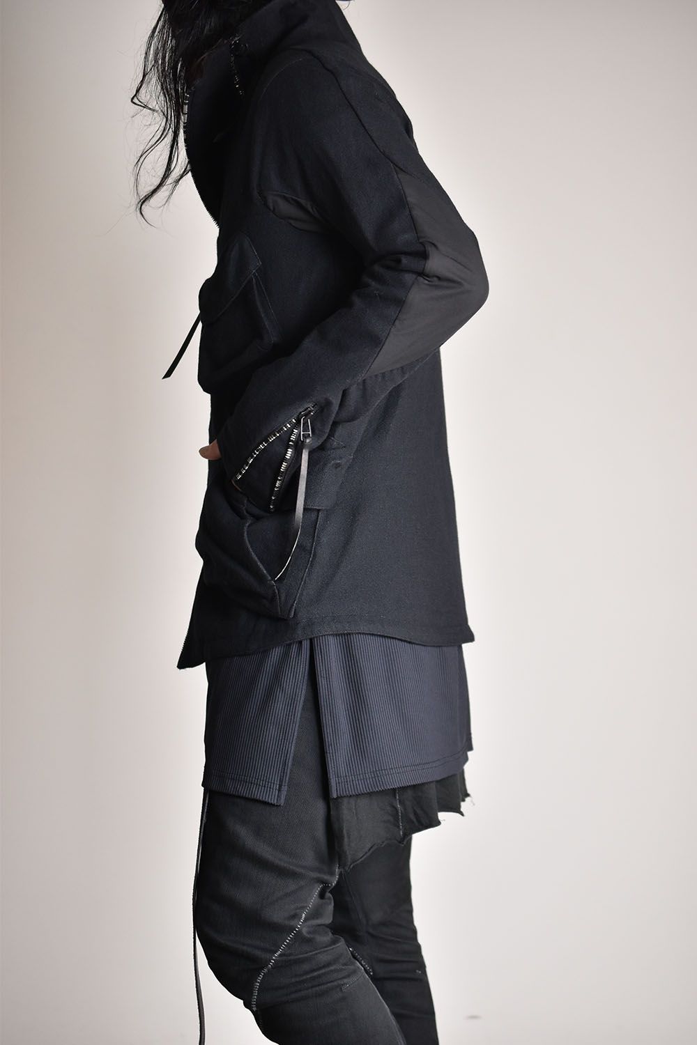 Wool Gauze × Cotton Needle Punch High Neck Jacket"Black"/ウールガーゼ×コットンニードルパンチハイネックジャケット"ブラック"