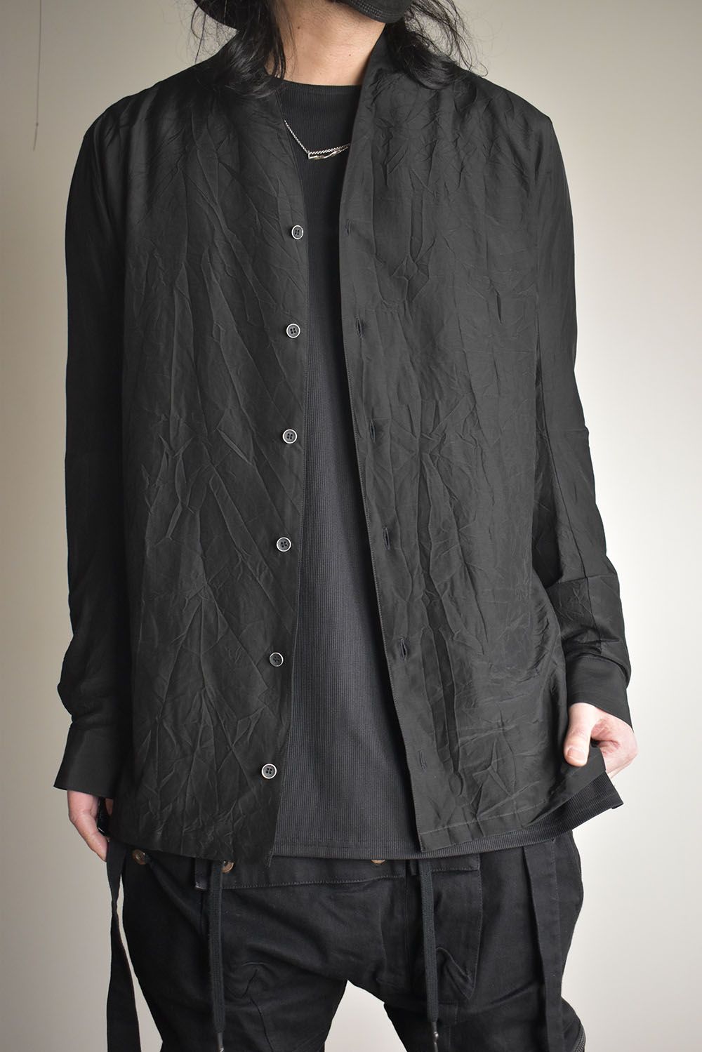 Silk Cotton Washer Shawl Collar Shirt"Black" / シルクコットンワッシャーショールカラーシャツ"ブラック"