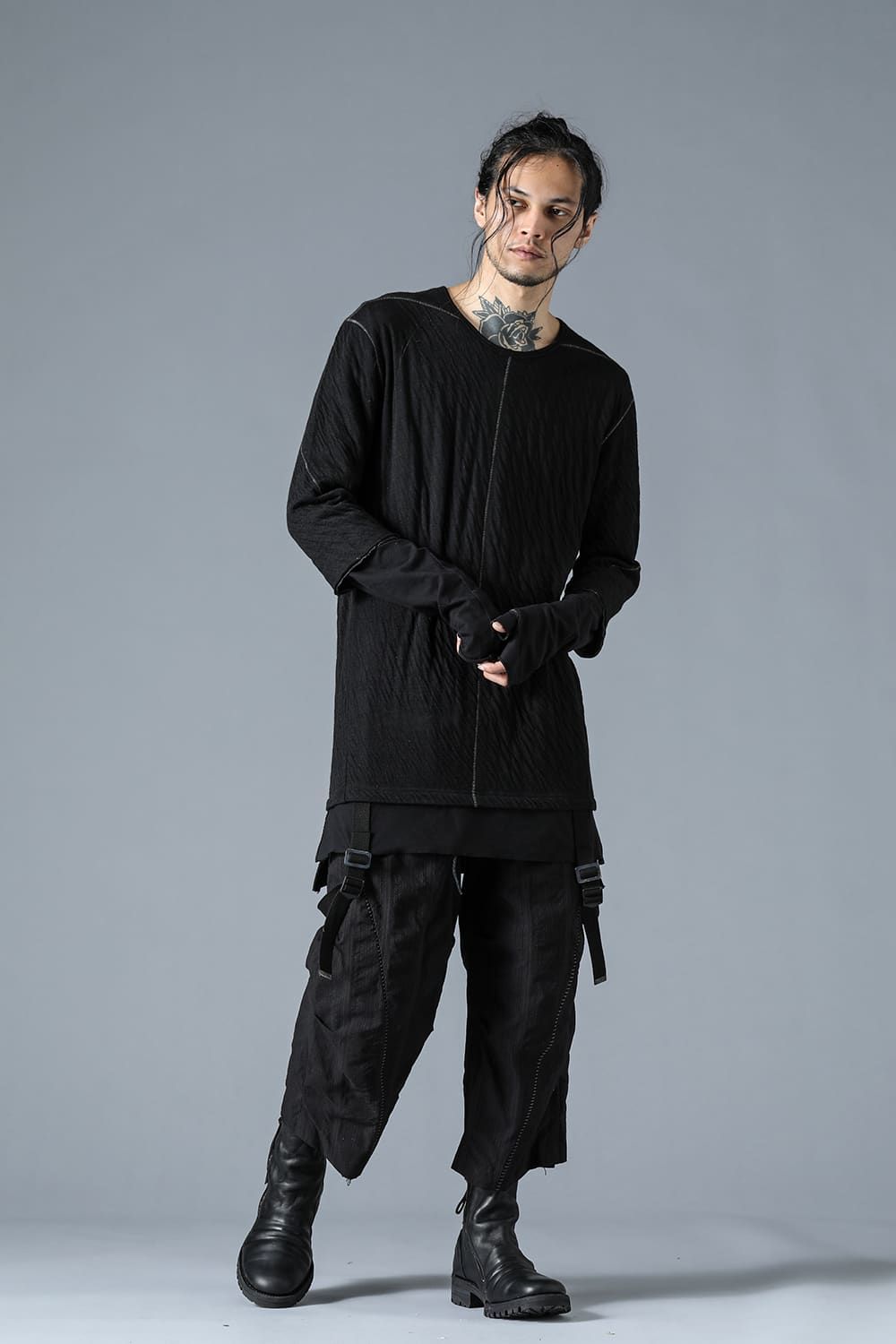 Wool×Cotton Double Face Layered Globe Sleeve Tee"Black/"ウール×コットンダブルフェイスレイヤードグローブスリーブTシャツ"ブラック"