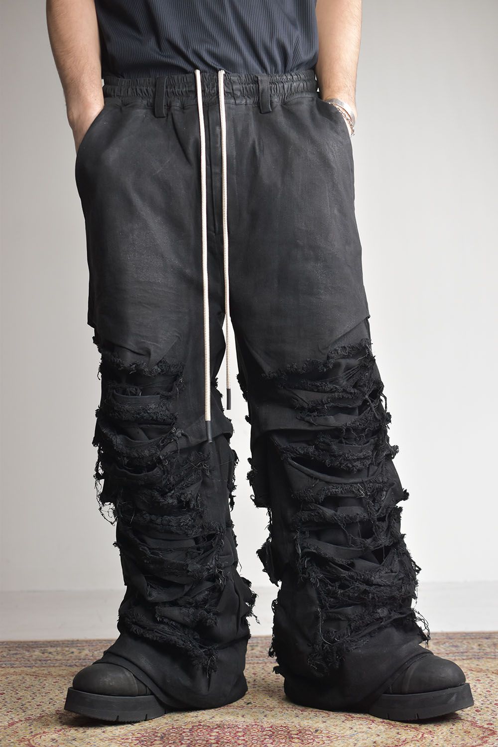 《2025AW先行予約》Damage Denim Tuck Wide Pants"Black"/ダメージデニムタックワイドパンツ"ブラック"