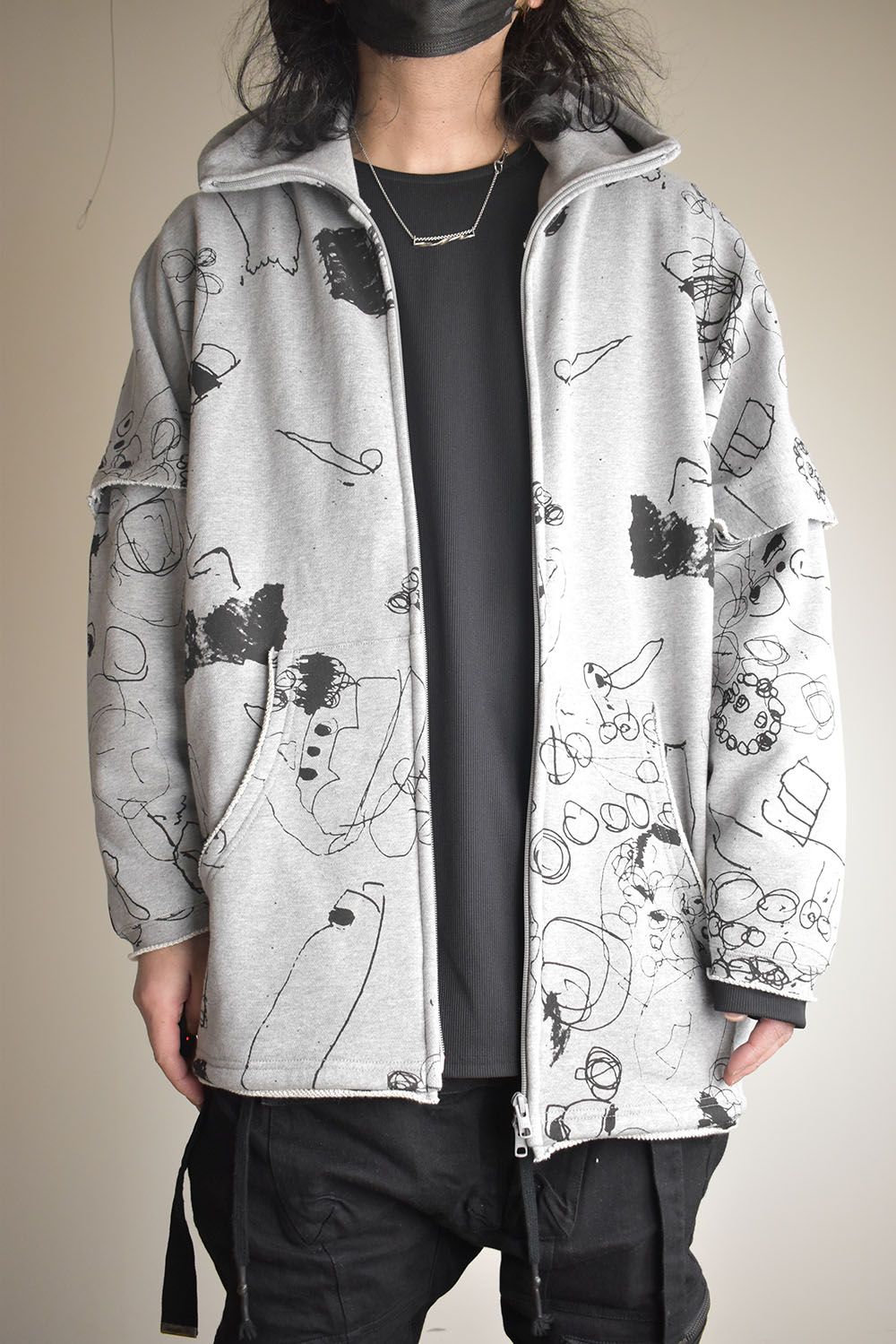 Sweat Oversize Print Zip Up Hoodie"Grey" / スウェットオーバーサイズプリントジップアップパーカ"グレー"