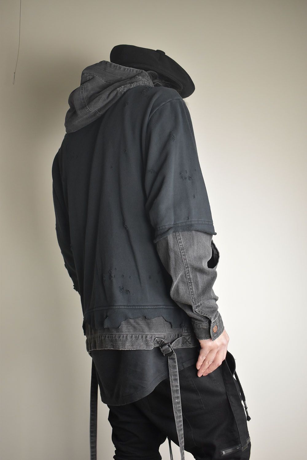 Denim Combination Non-Twisted Yarn Lined Oversized Pullover Hoodie"Black" / デニムコンビネーション無撚糸裏毛オーバーサイズプルオーバーフーディー"ブラック"