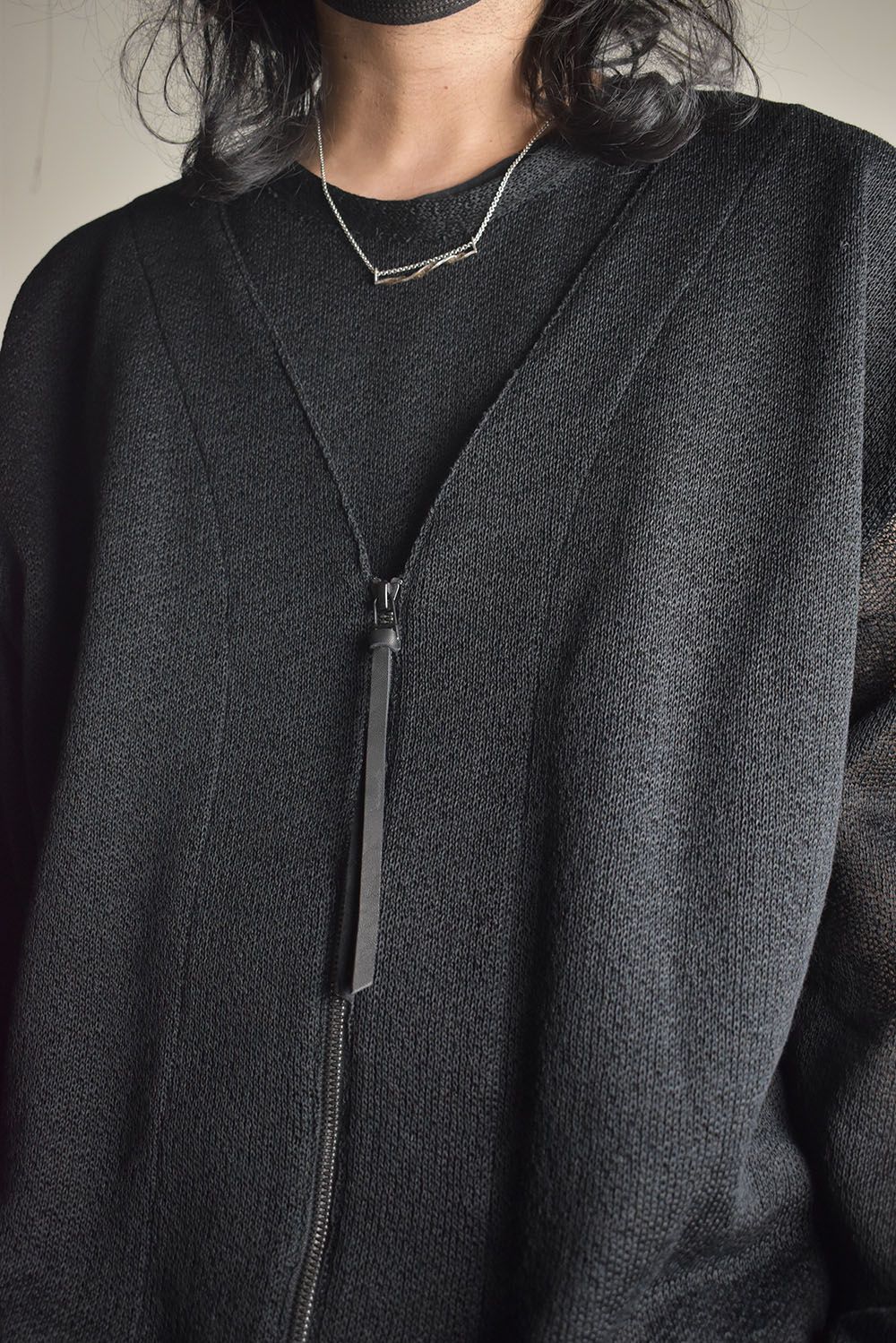 Cotton Low Gauge Knit Cardigan Layered Pullover"Black" / コットンローゲージニットカーディガンレイヤードプルオーバー"ブラック"