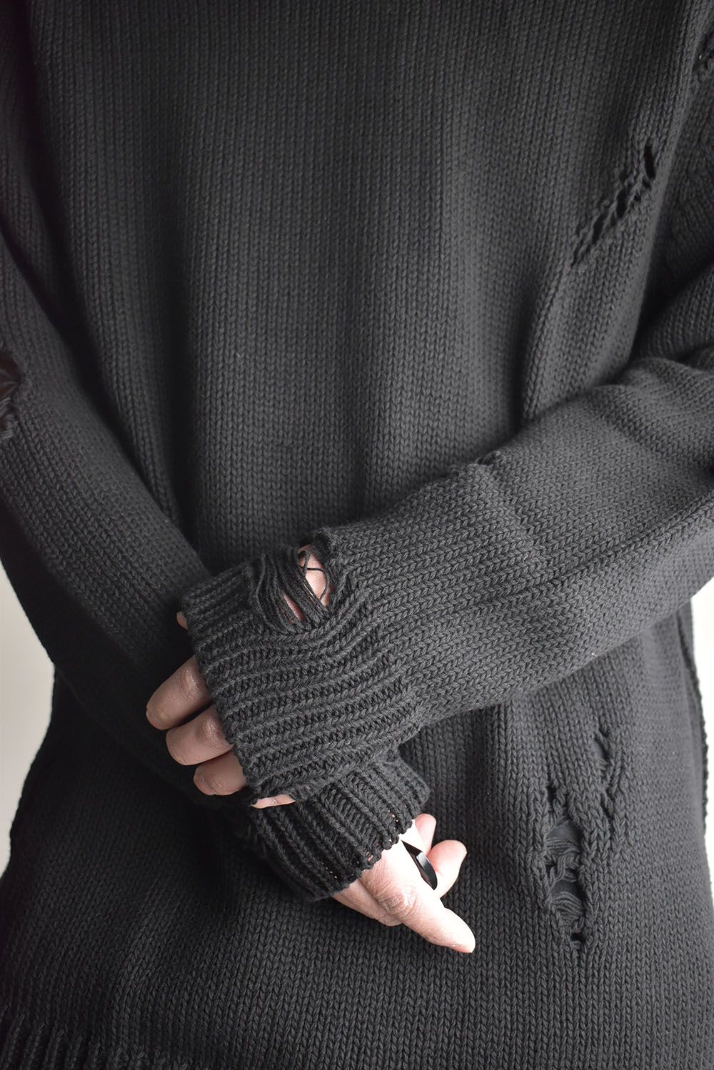 Cotton 3GG Damaged Knit Pullover"Black" / コットン 3GG ダメージニットプルオーバー"ブラック"