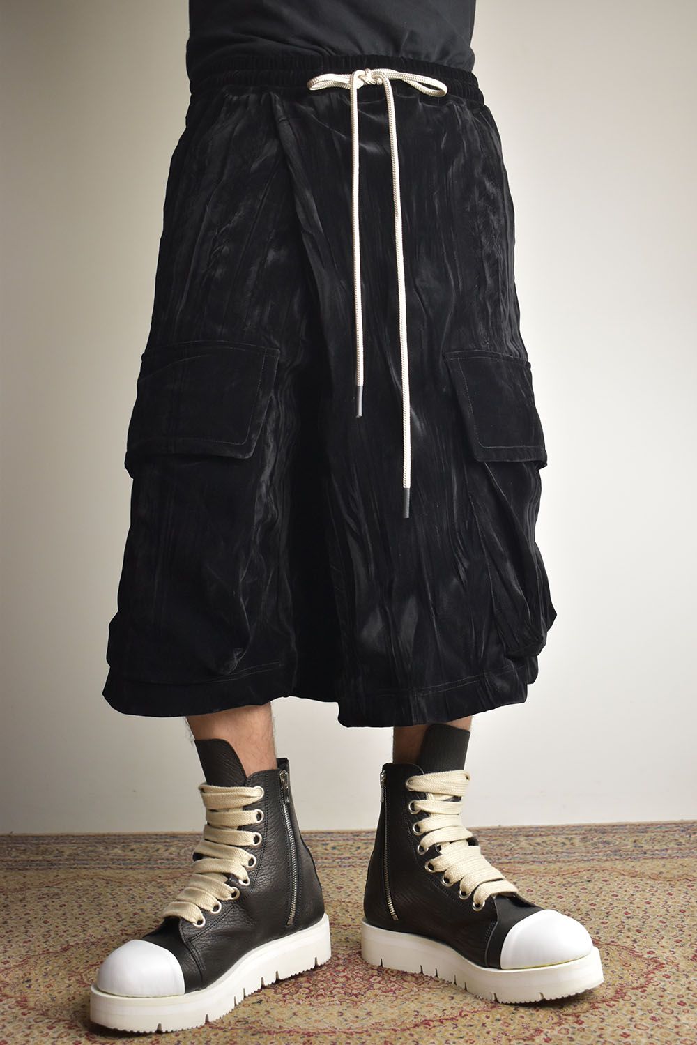 Washer Velour Wrap Skirt Pants"Black" / ワッシャーベロアラップスカートパンツ"ブラック"